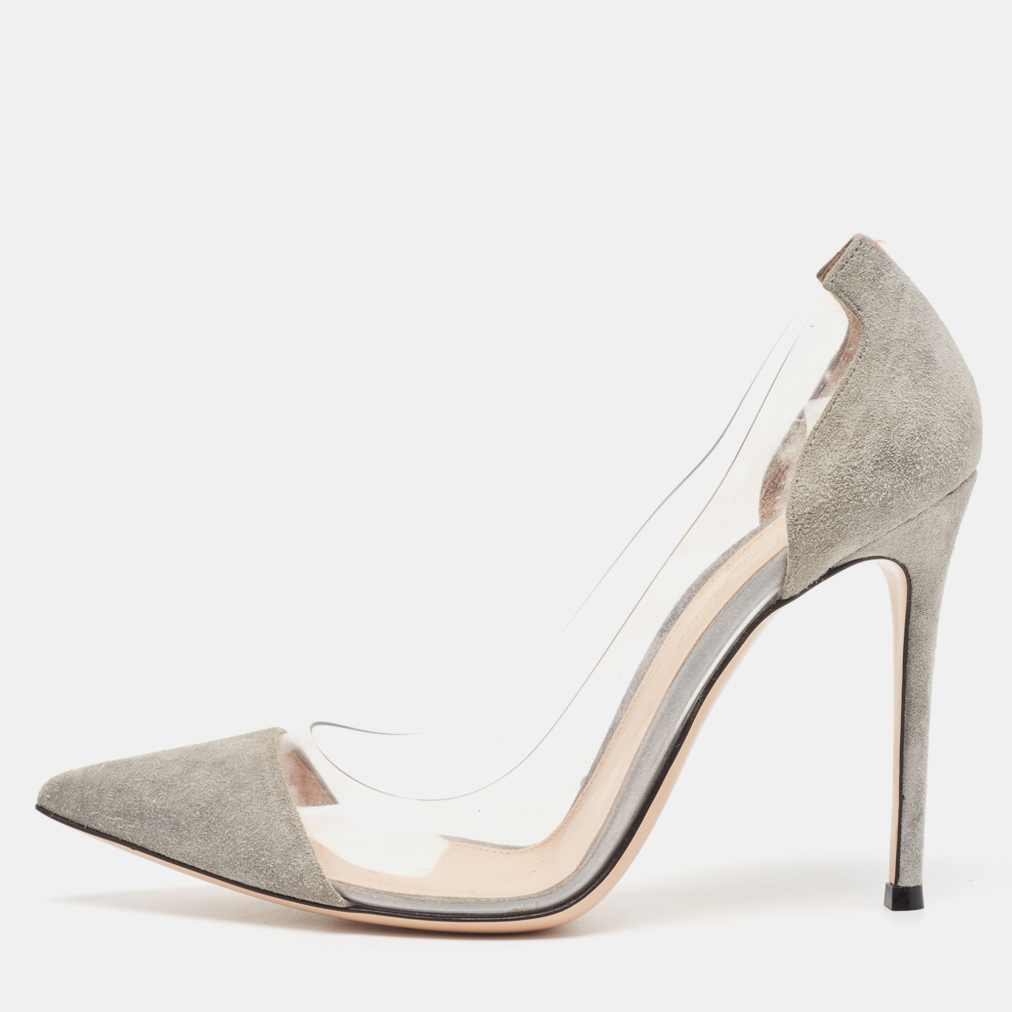 Gianvito Rossi Grey Suede And PVC Plexi Pointed Toe Pumps Size 39