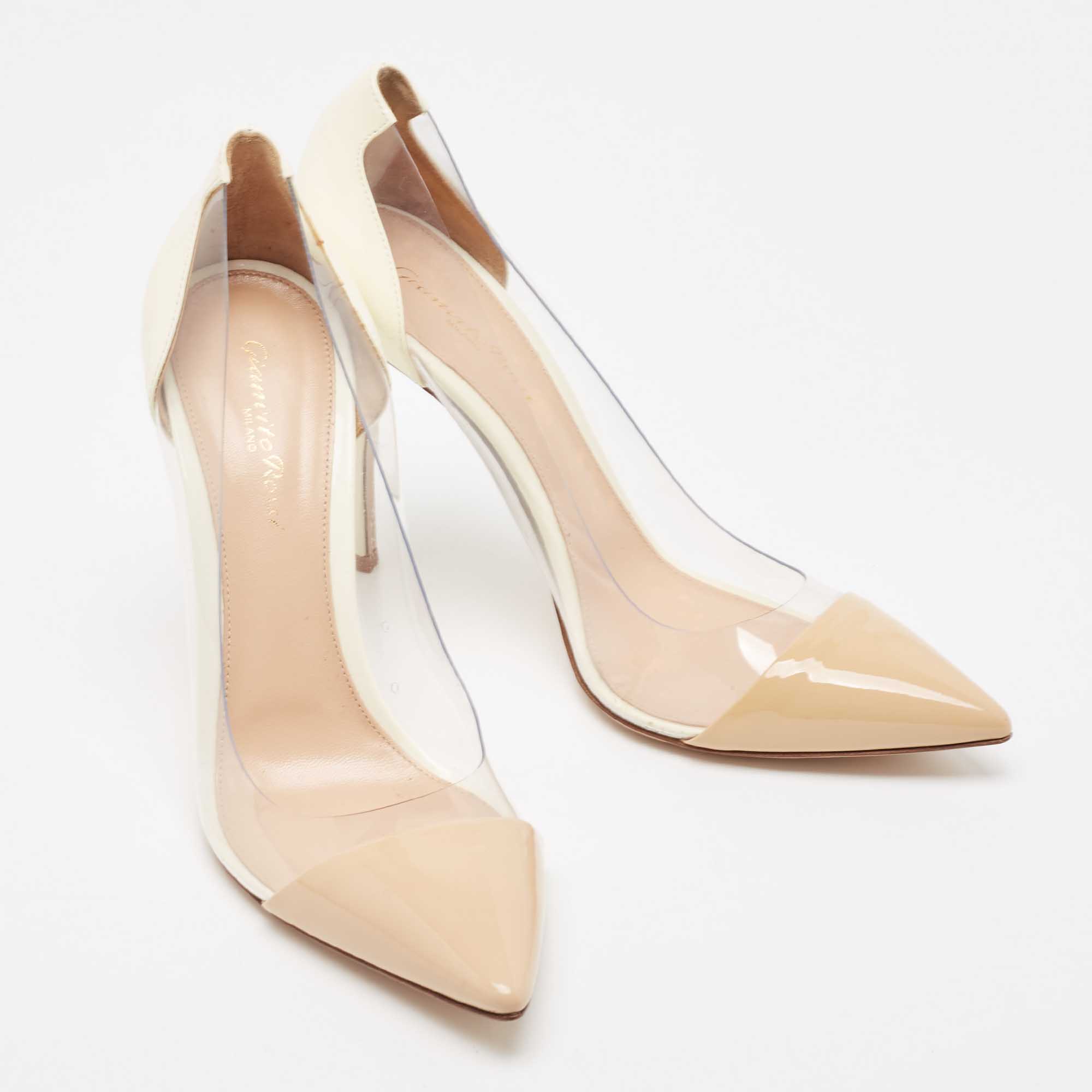Gianvito Rossi Beige/White Patent Leather And PVC Plexi Pointed Toe Pumps Size 40