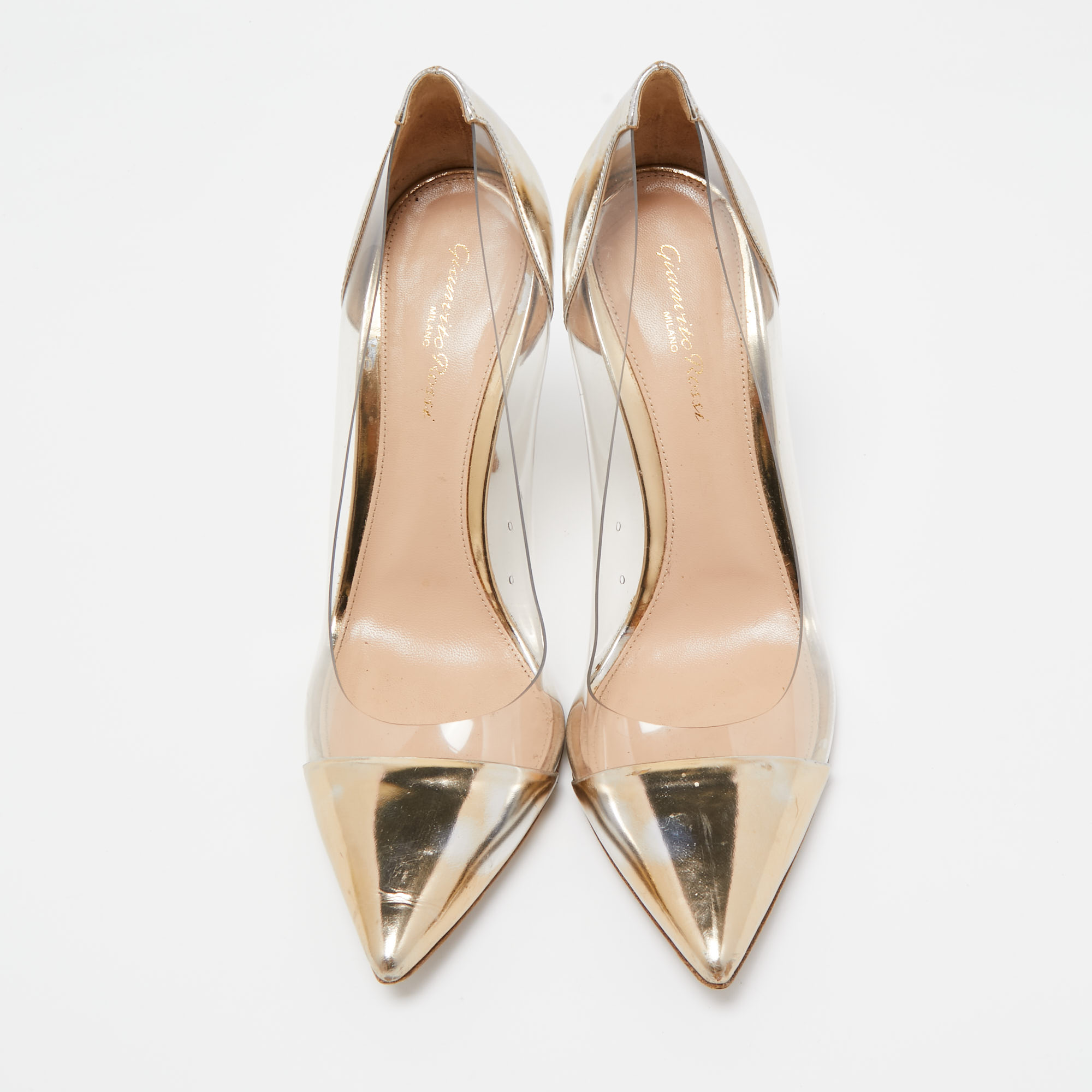 Gianvito Rossi Metallic Gold Foil Leather And PVC Plexi Pointed Toe Pumps Size 40