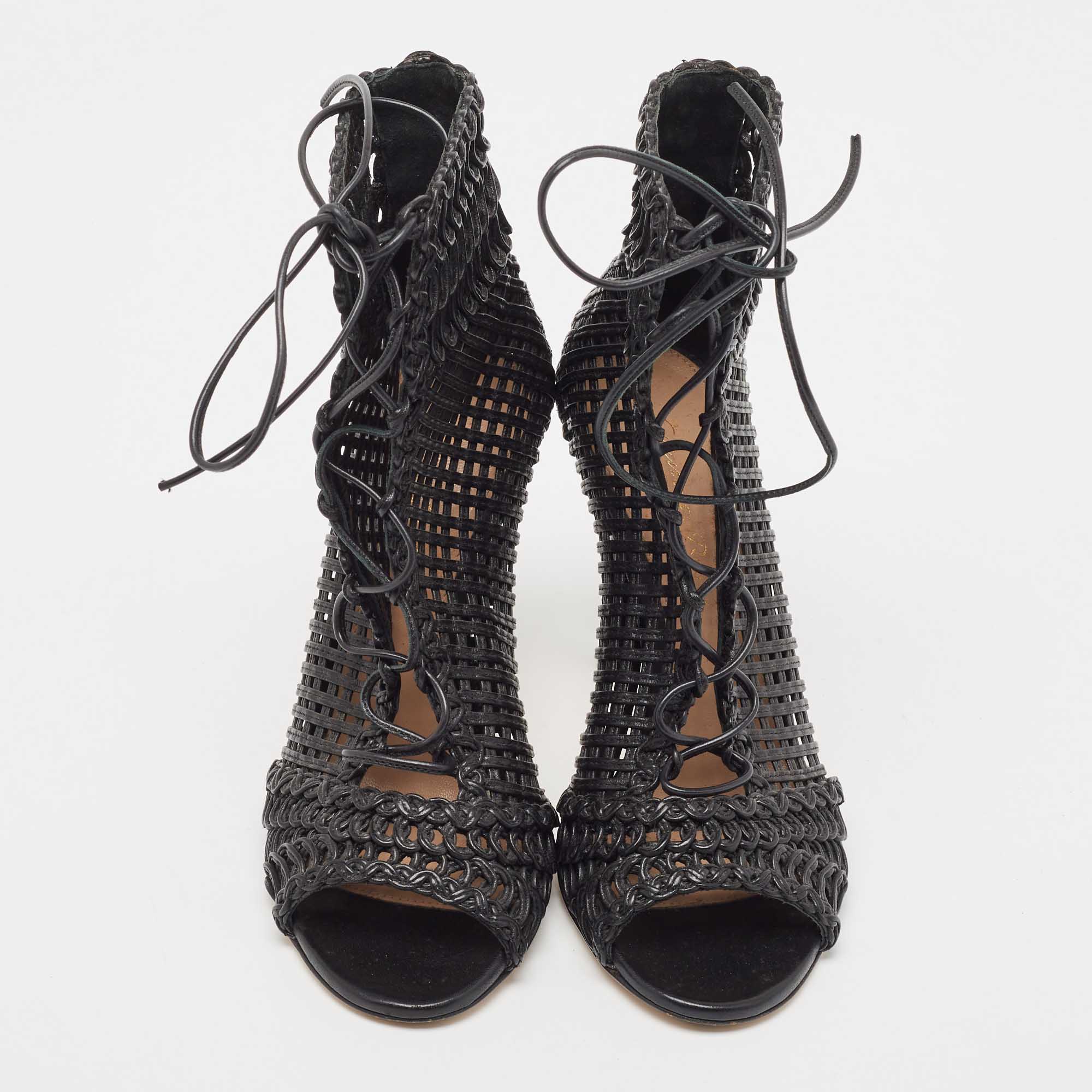 Gianvito Rossi Black Leather Woven Lace Up Sandals Size 35