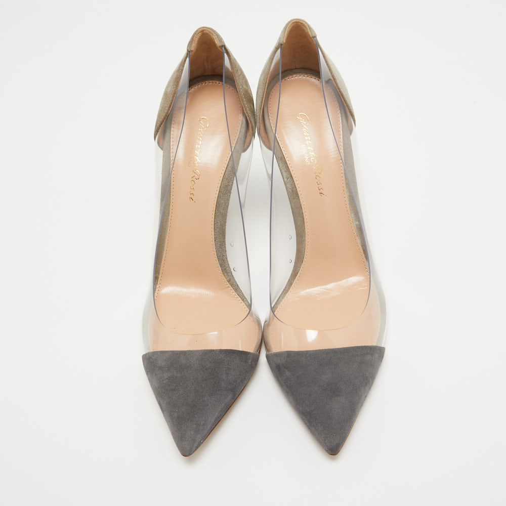 Gianvito Rossi Grey Suede And PVC Plexi Pointed Toe Pumps Size 38.5