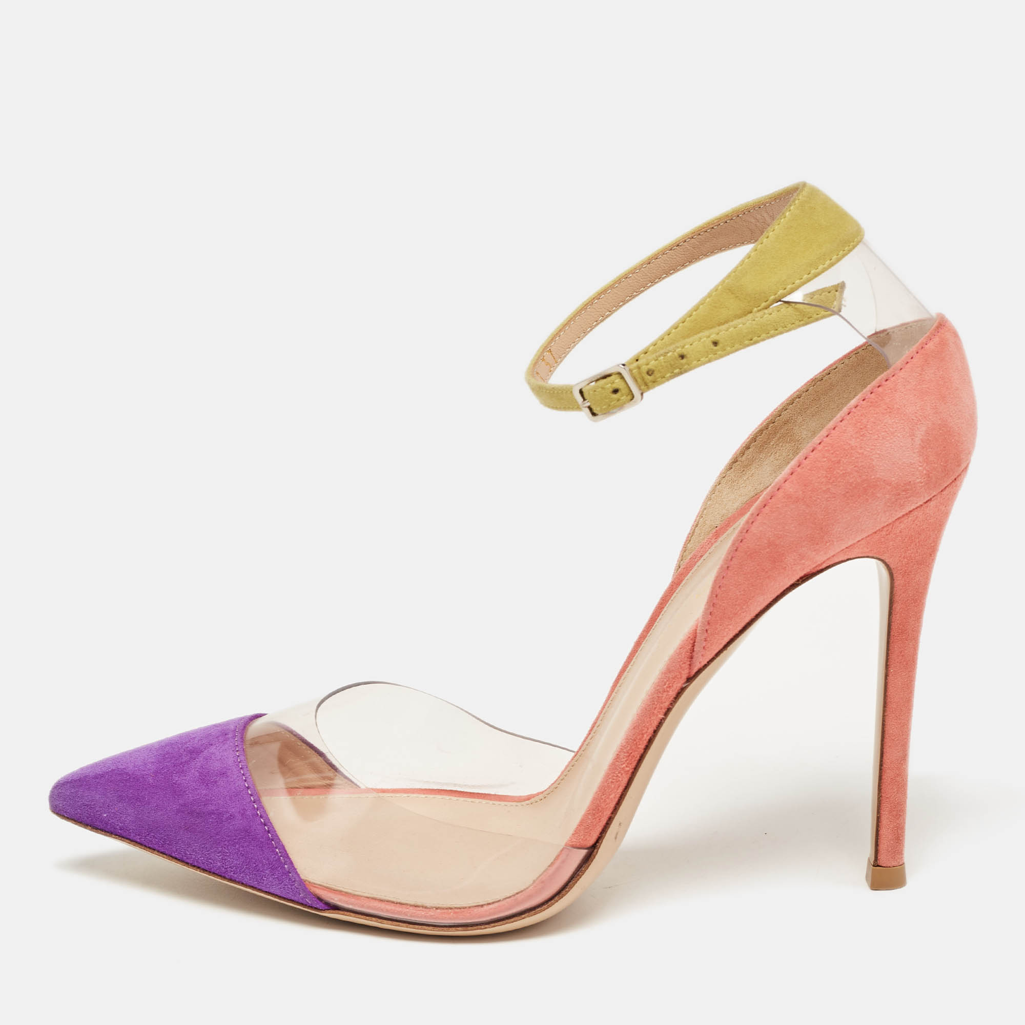Gianvito Rossi Multicolor Suede And PVC Ankle Strap Pointed Toe Pumps Size 37