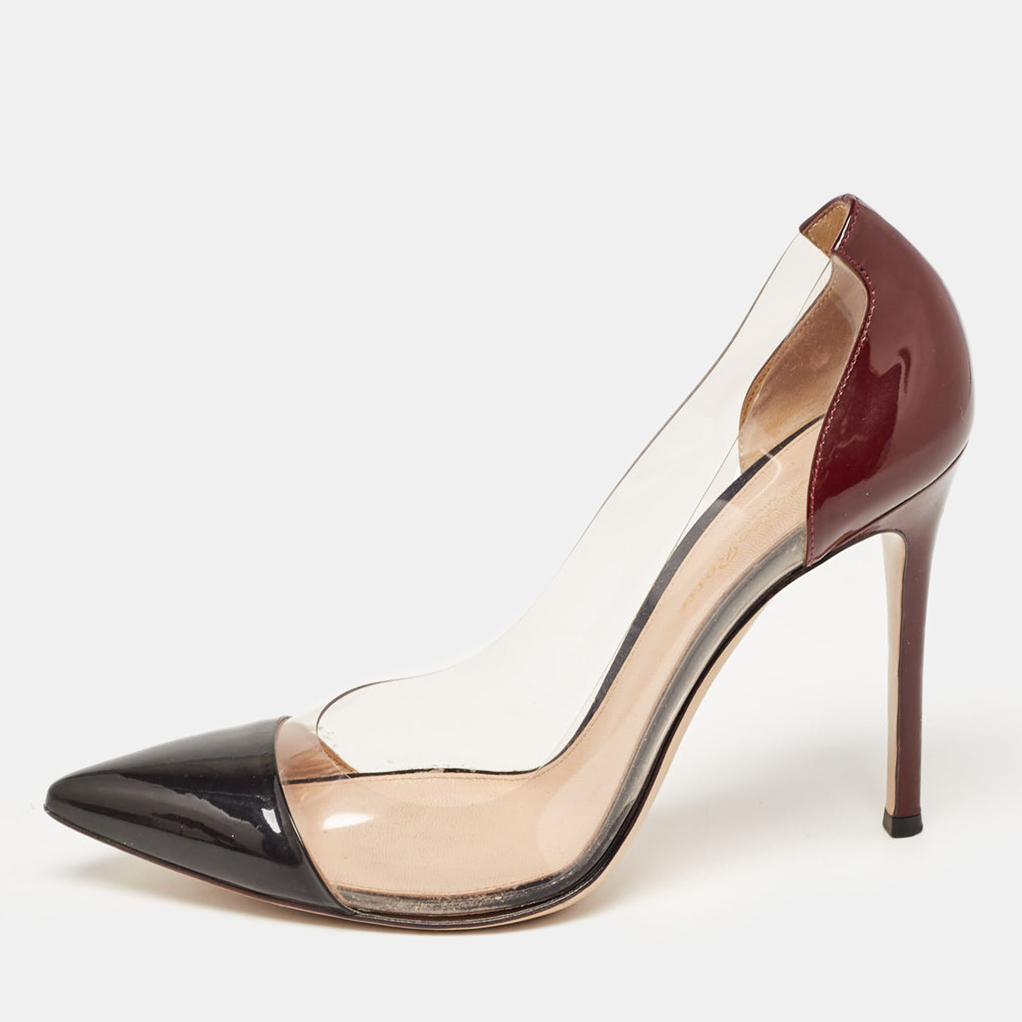 Gianvito Rossi Two Tone Patent Leather And PVC Plexi Pointed Toe Pumps Size 38.5