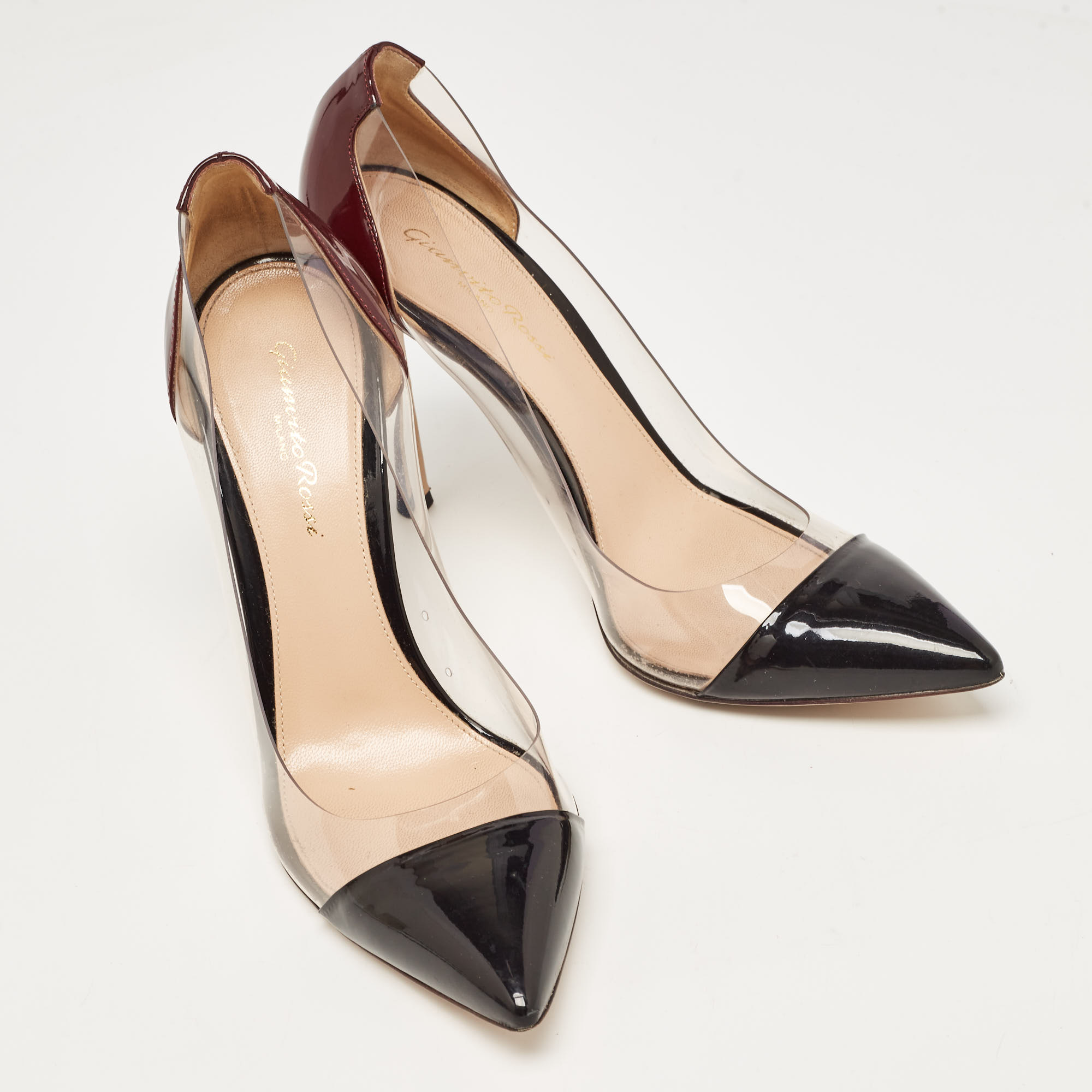 Gianvito Rossi Two Tone Patent Leather And PVC Plexi Pointed Toe Pumps Size 38.5
