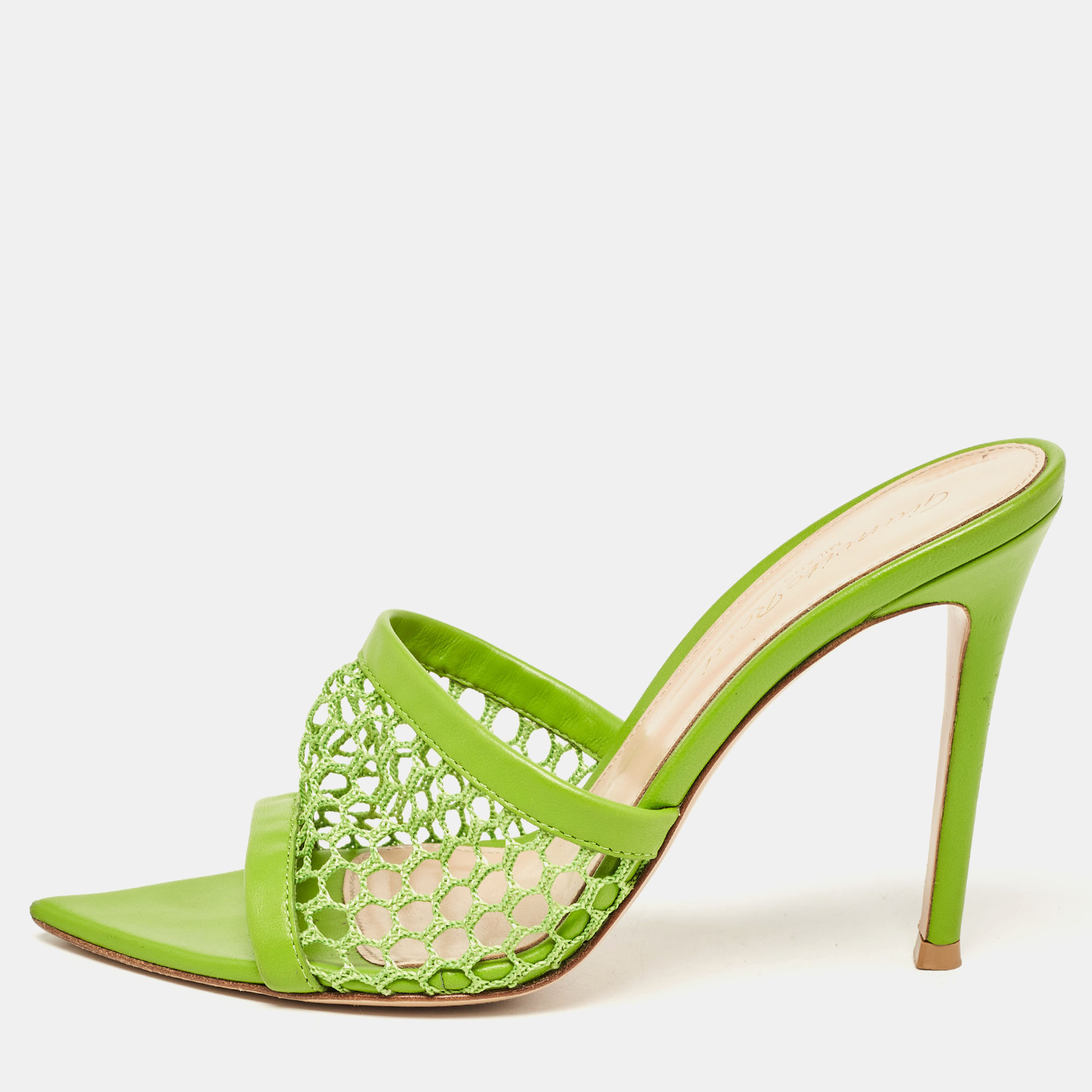 Gianvito rossi green leather and mesh alisia slide sandals size 35