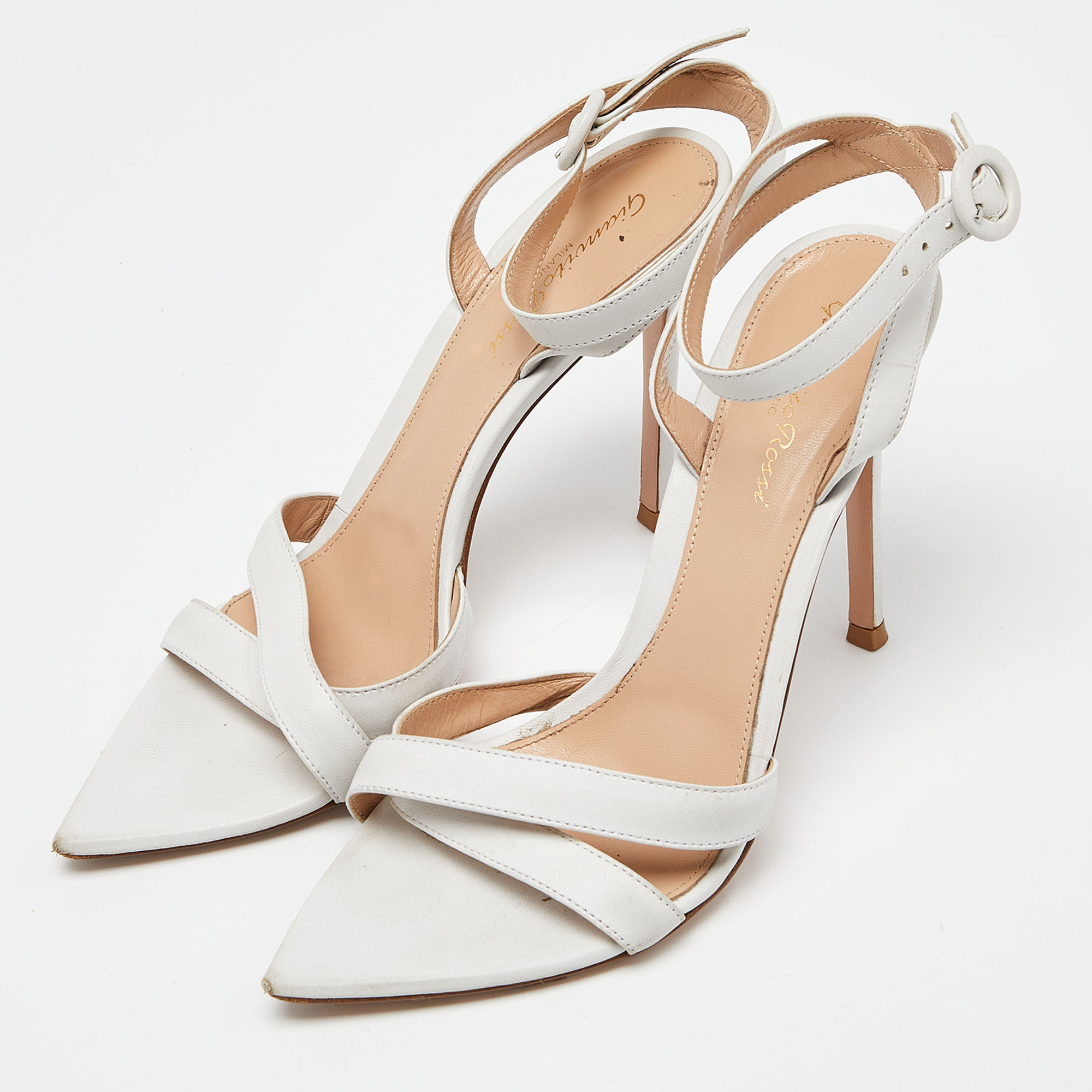 Gianvito Rossi White Leather Ankle Strap Sandals Size 38.5