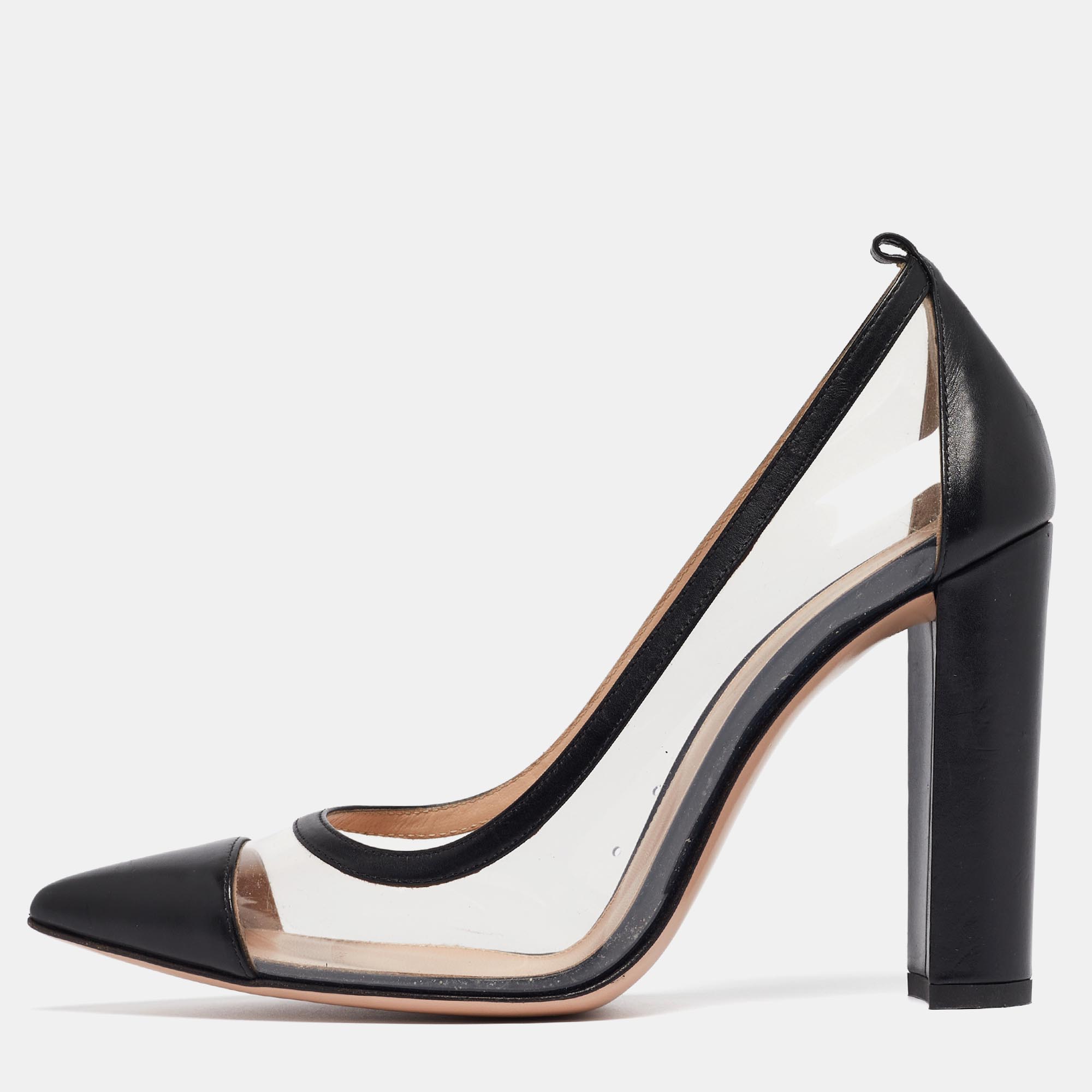 Gianvito rossi black leather and pvc plexi block heel pumps size 39