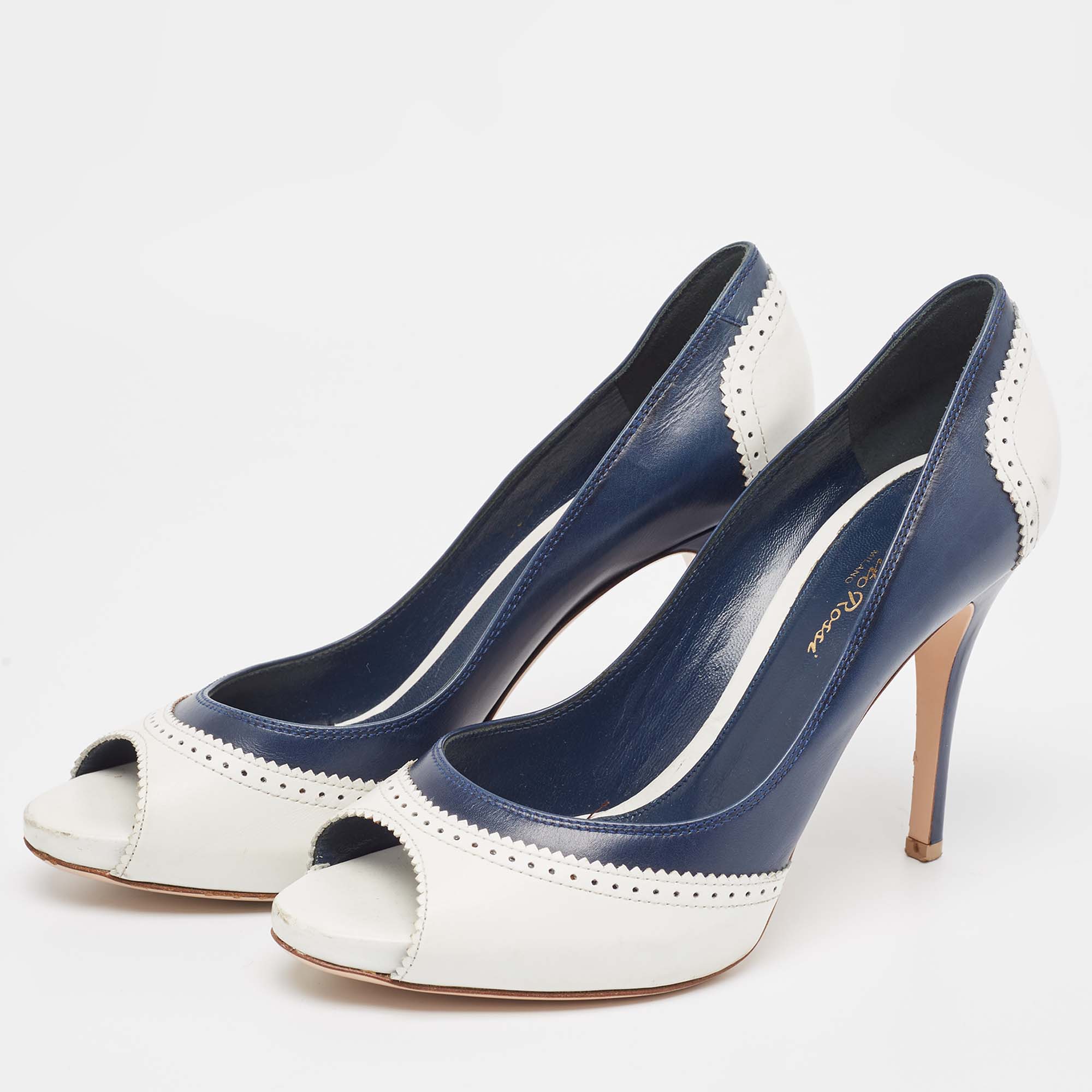 Gianvito Rossi White/Blue Leather Peep Toe Pumps Size 38