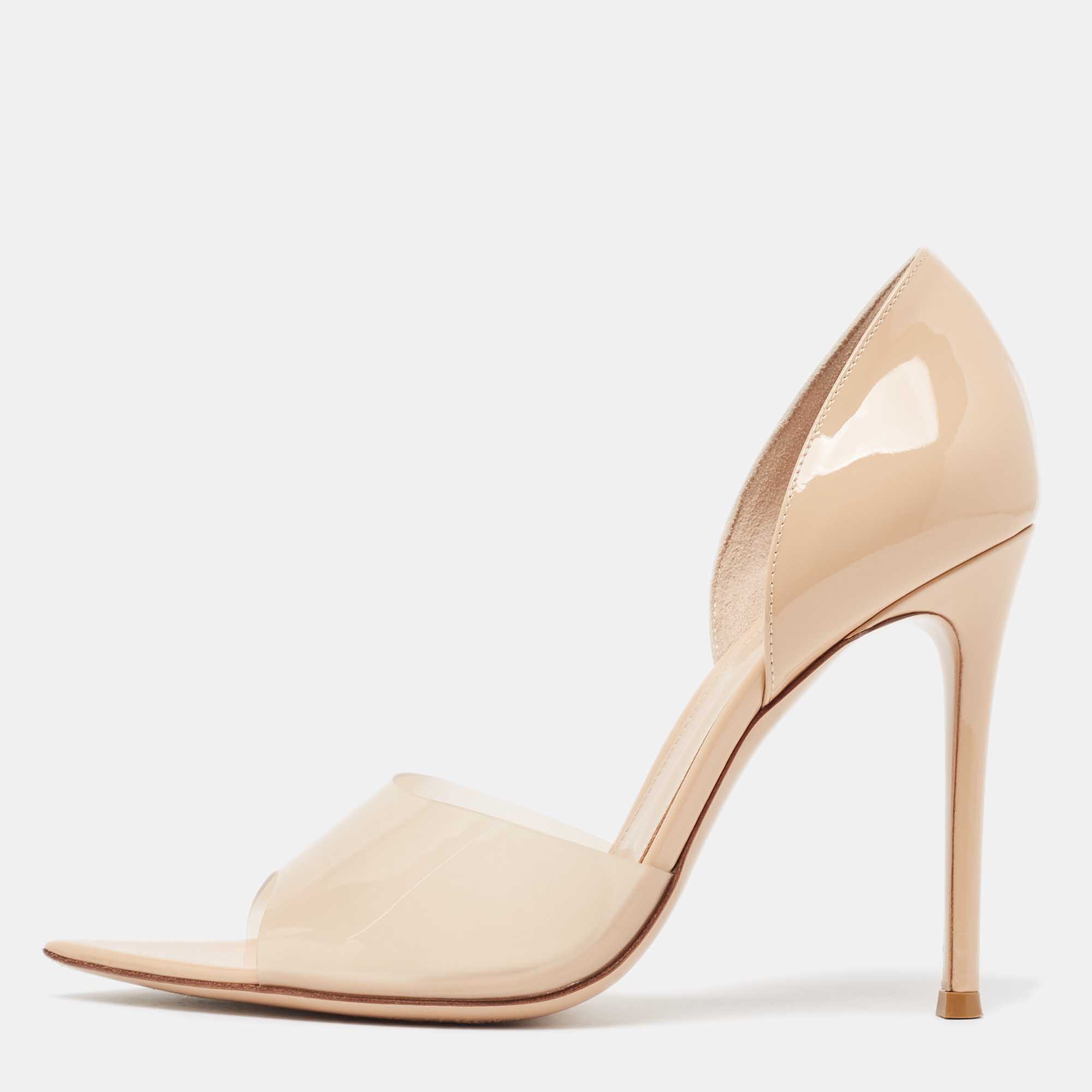 Gianvito rossi beige pvc and patent leather bree open toe pumps size 39