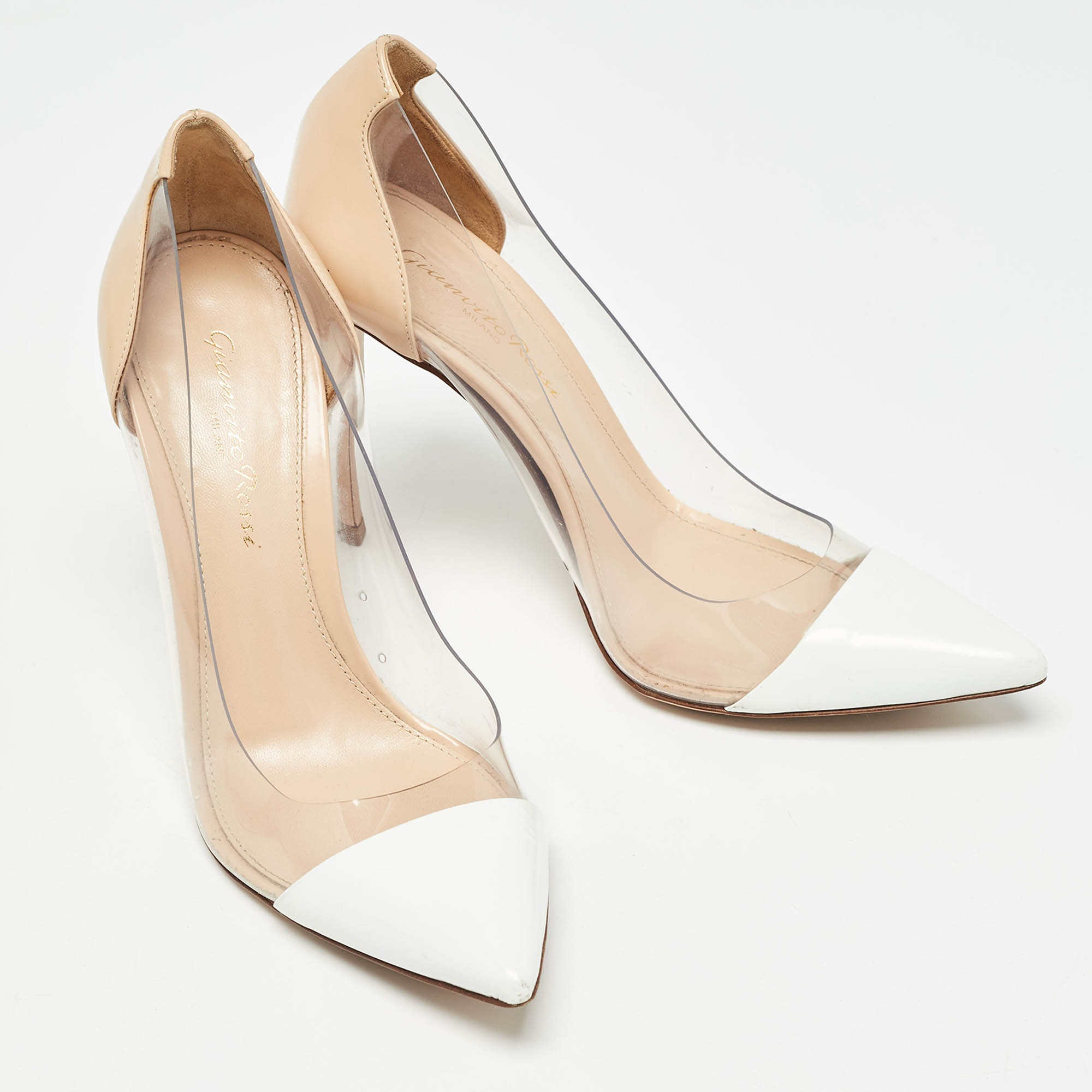 Gianvito Rossi Beige/White Leather And PVC Plexi Pointed Toe Pumps Size 36