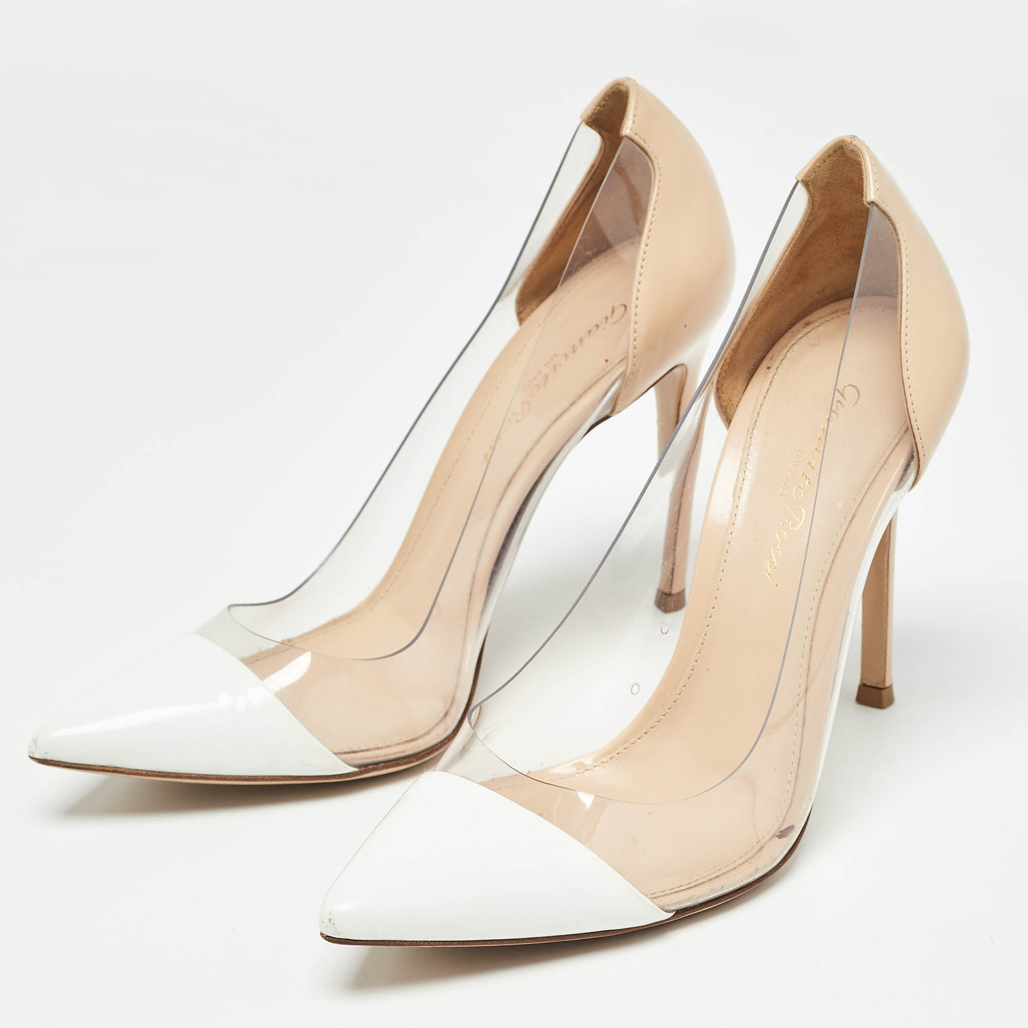 Gianvito Rossi Beige/White Leather And PVC Plexi Pointed Toe Pumps Size 36