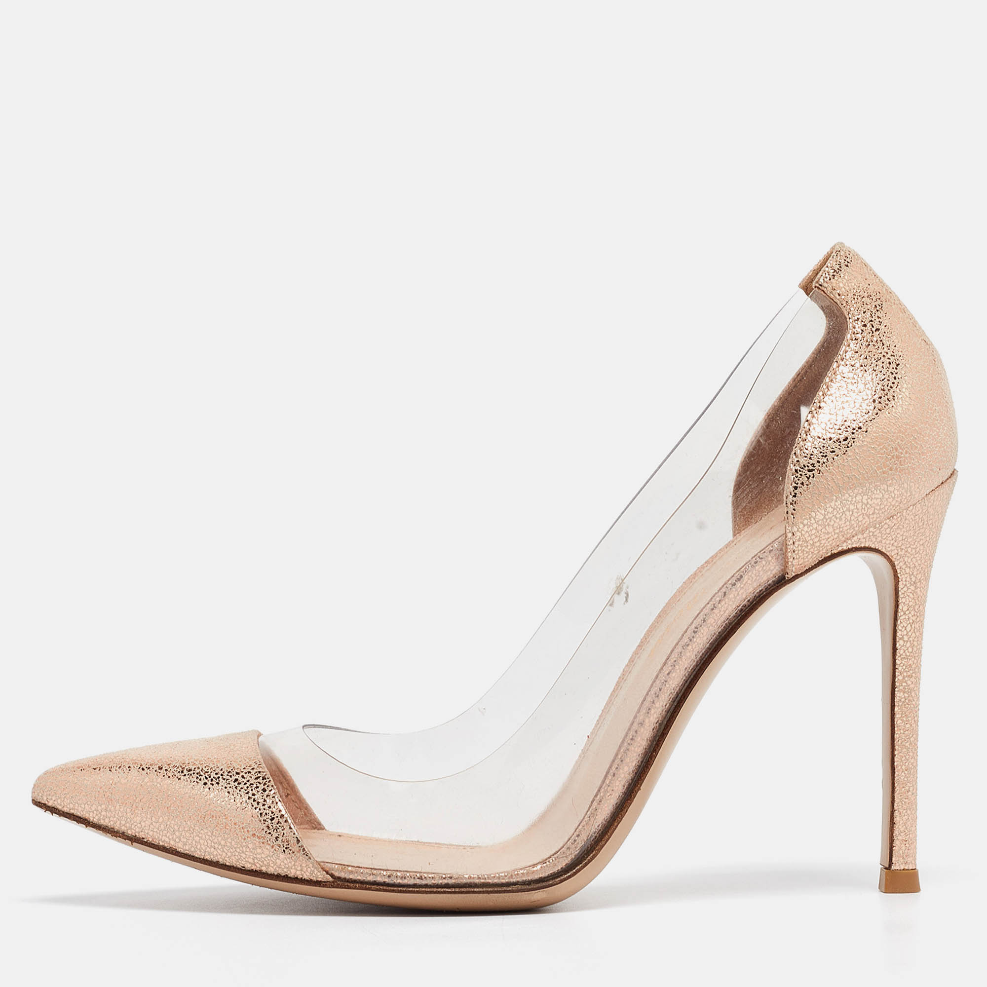 Gianvito rossi metallic textured leather and pvc plexi pointed toe pumps 35.5