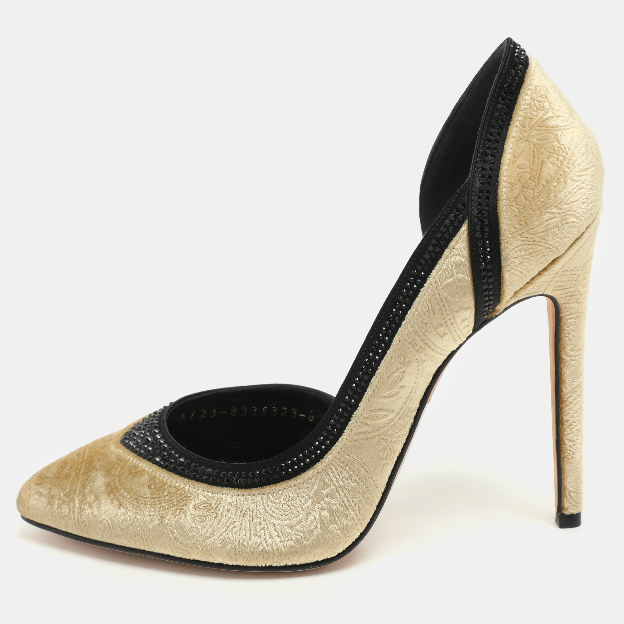 Gina Gold/Black Paisley Print Velvet Crystal Embellished D'orsay Pumps Size 39
Gina Gold/Black Paisley Print Velvet Crystal Embellished D'orsay Pumps Size 39