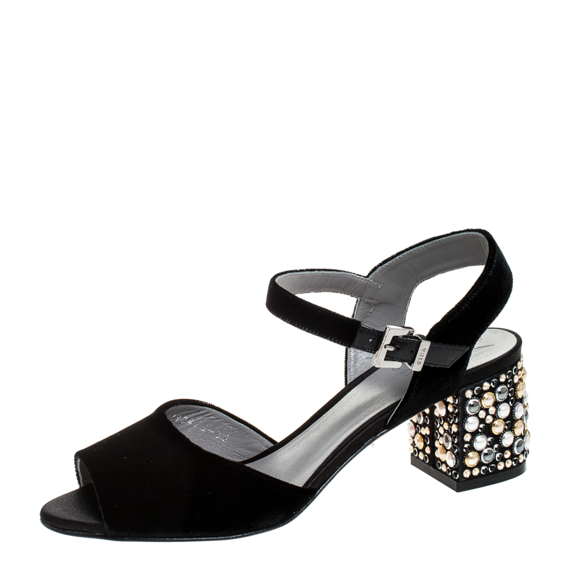 Image of Gina Black Velvet Embellished Block Heel Ankle Strap Sandals Size
