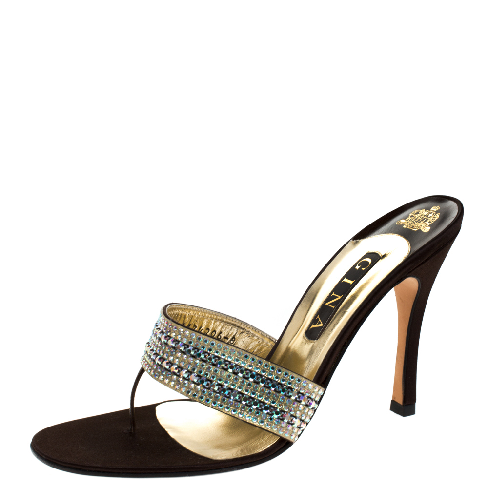 Image of Gina Brown Leather And Satin Crystal Embellished Thong Sandals Size