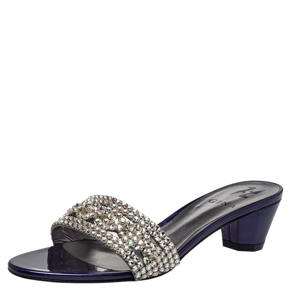 Gina Purple Crystal Embellished Leather Slide Sandals Size 38.5