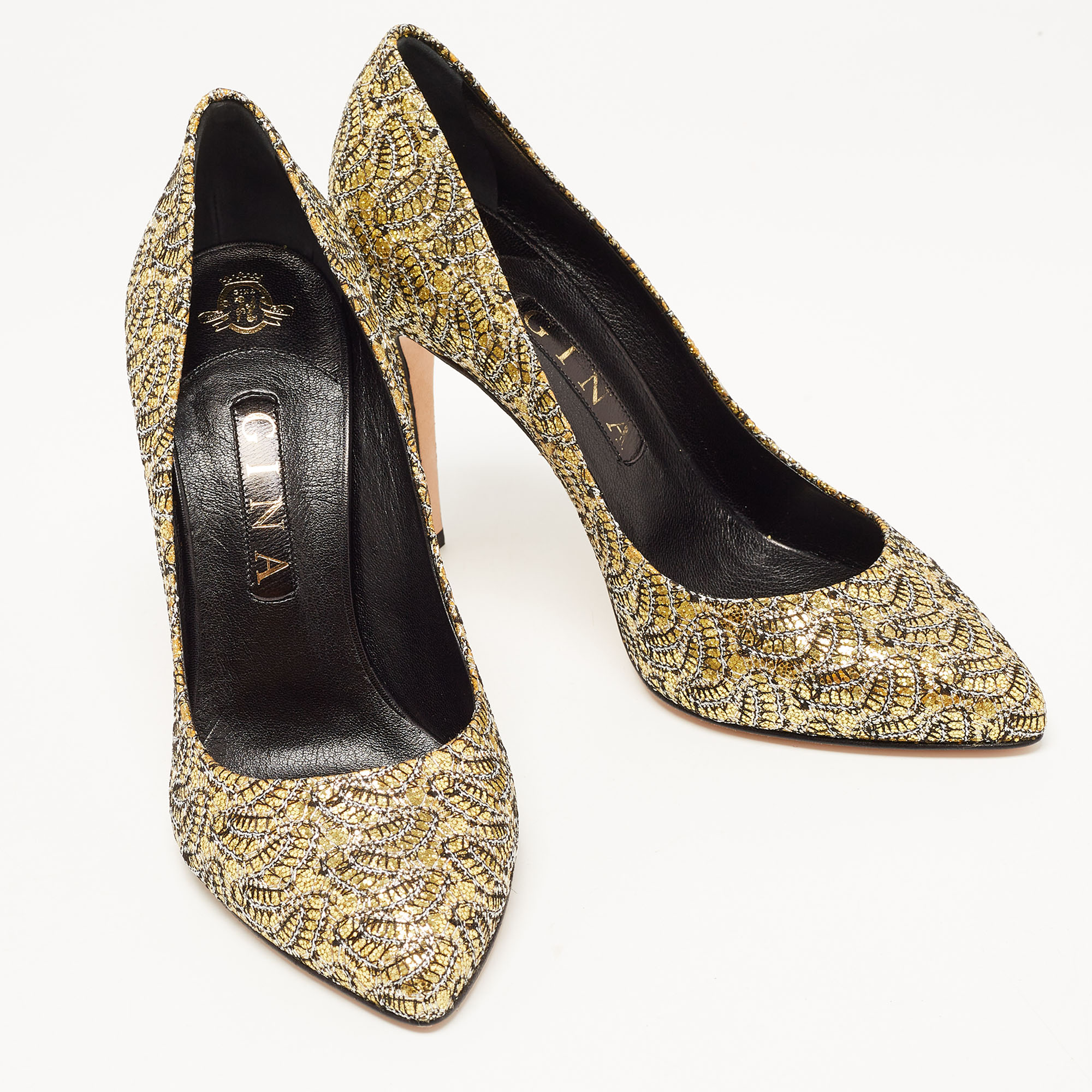 Gina Metallic Gold/Silver Glitter Lace Pointed Toe Pumps Size 40