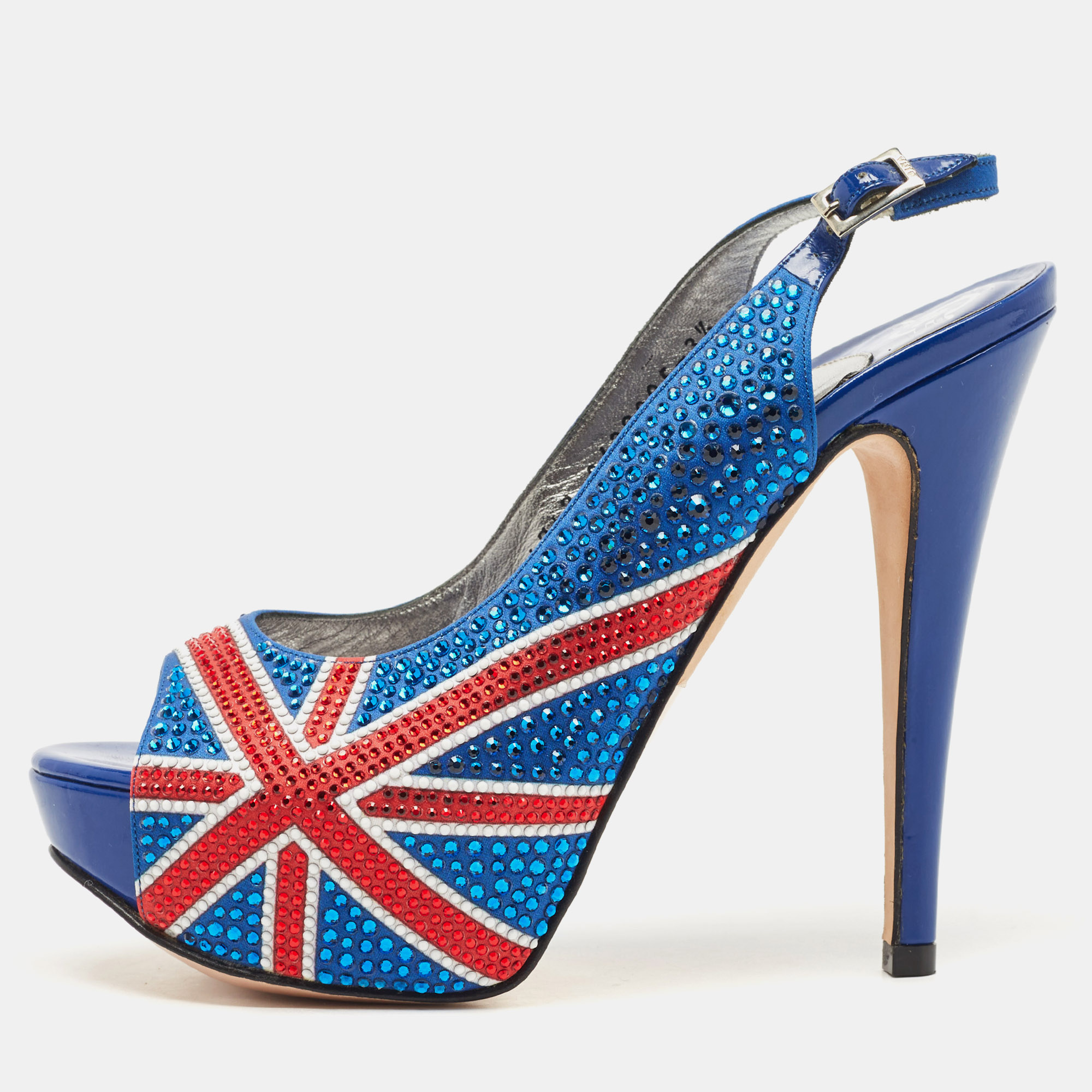 Gina Blue Crystal Embellished Satin Union Jack Slingback Sandals Size 36.5