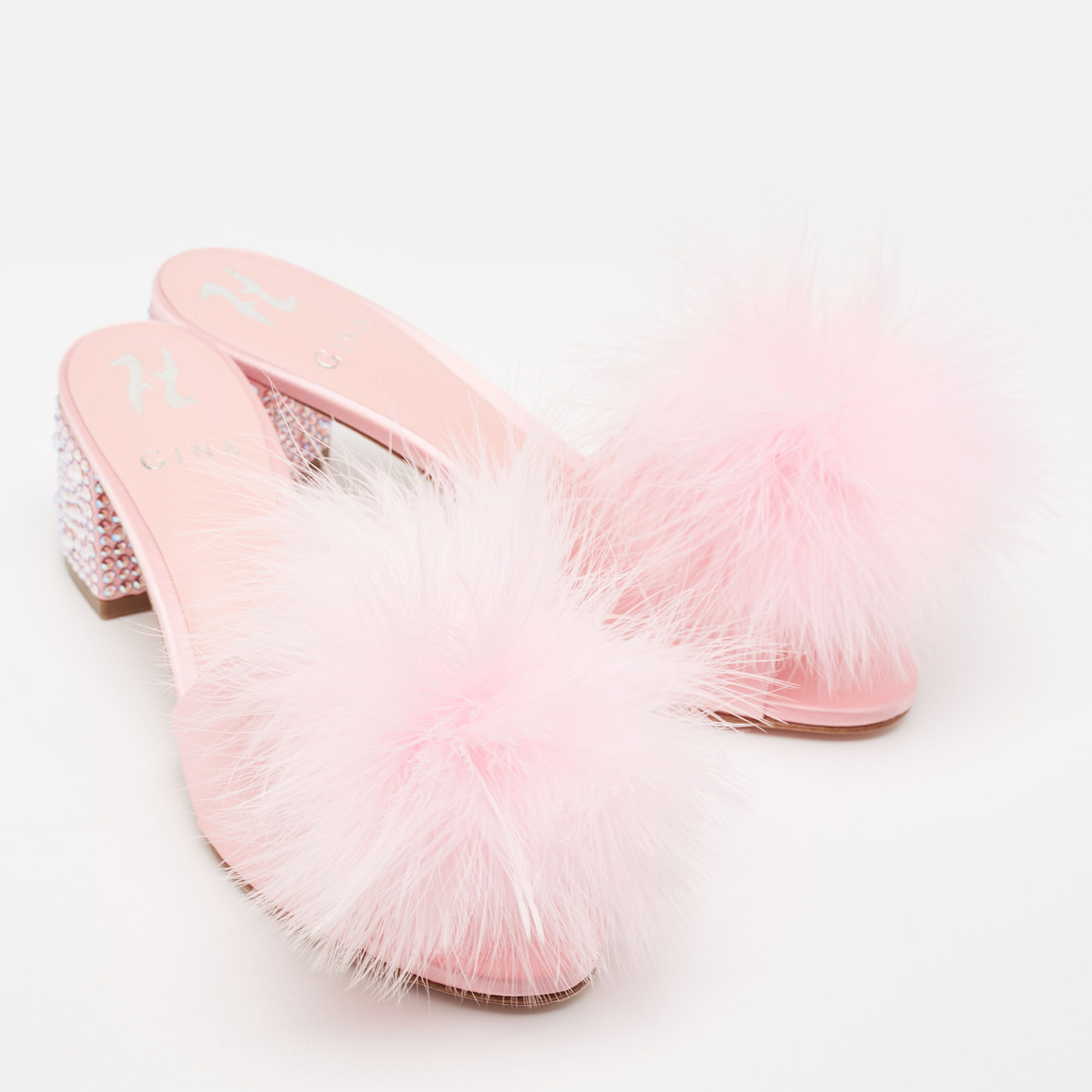 Gina Pink Satin And Fur Cindy Crystal Embellished Heel Slide Sandals Size 39