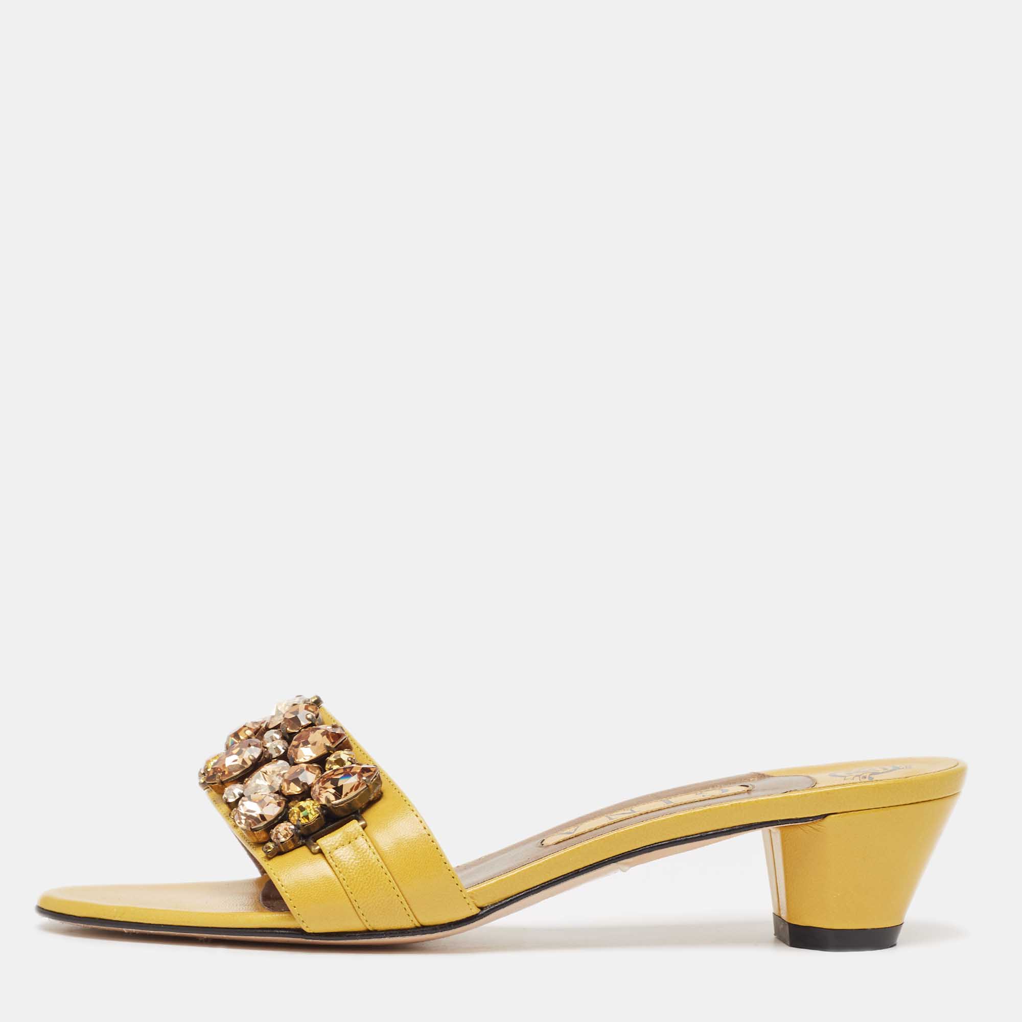 Gina yellow leather crystal embellished slide sandals size 39