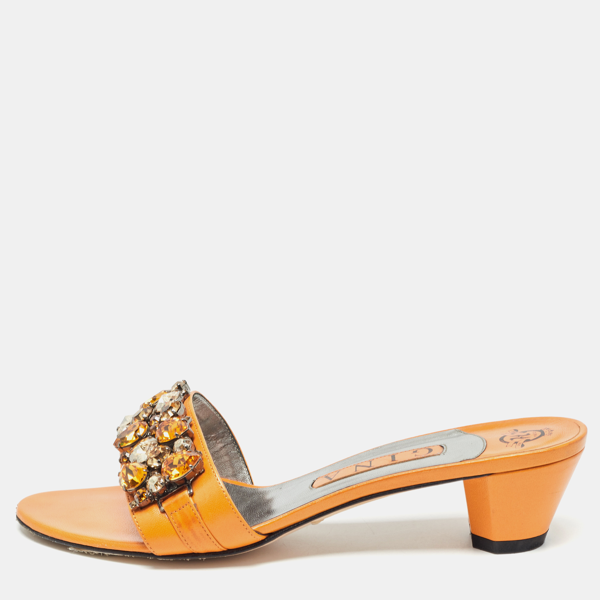Gina orange leather] crystal embellished slide sandals size 39
