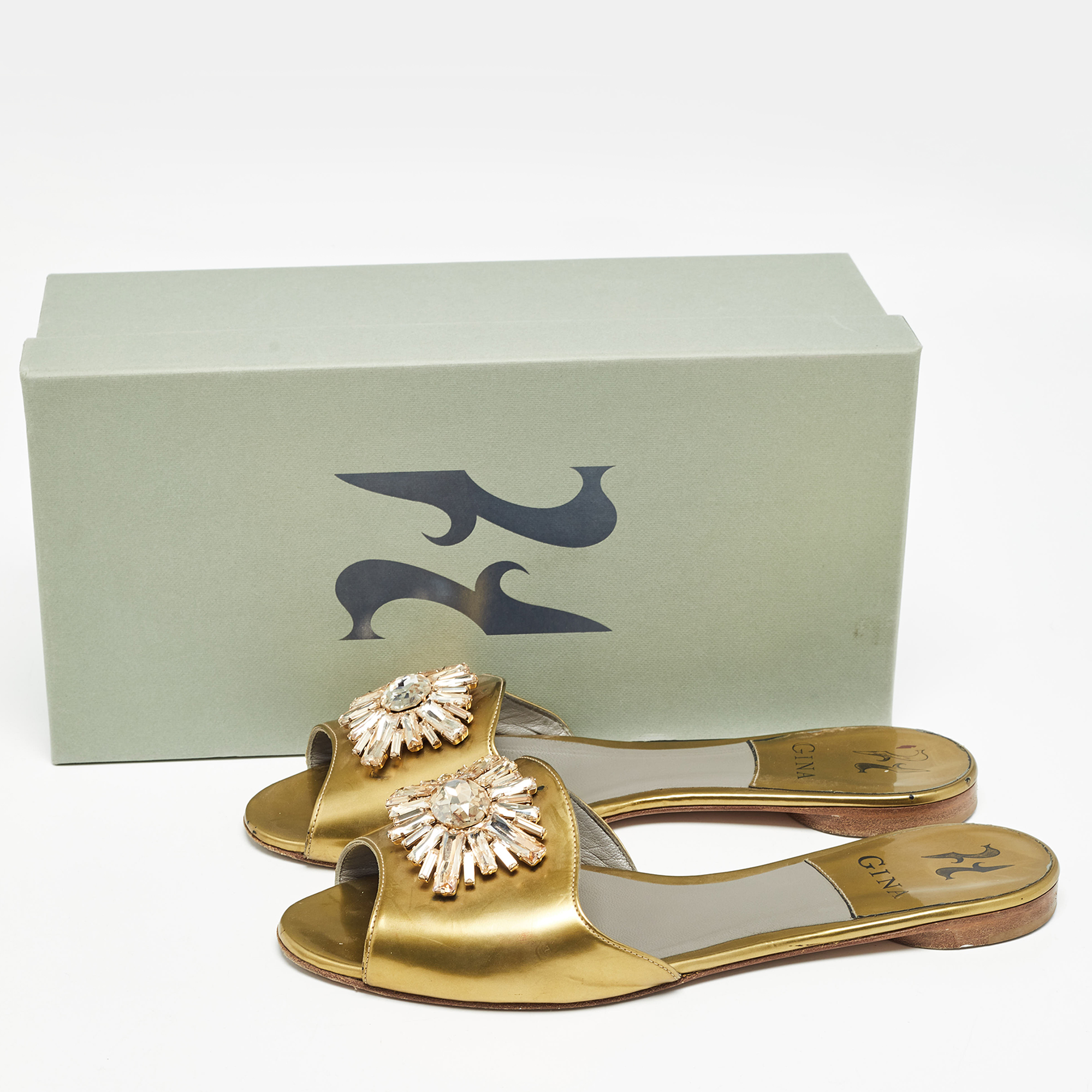 Gina Gold Leather Crystal Embellished Flat Slides Size 39