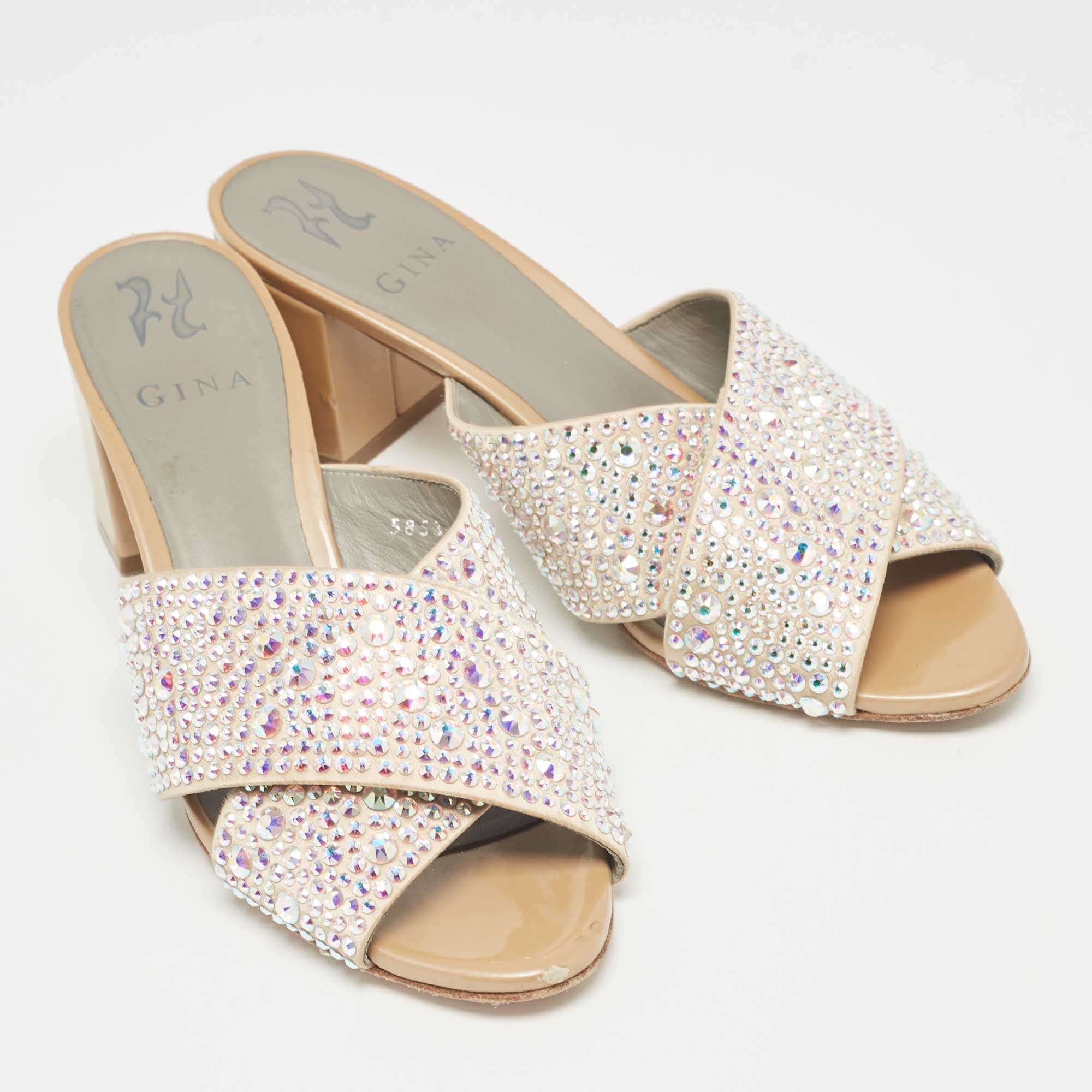 Gina Beige Crystal Embellished Satin Slide Sandals Size 39.5