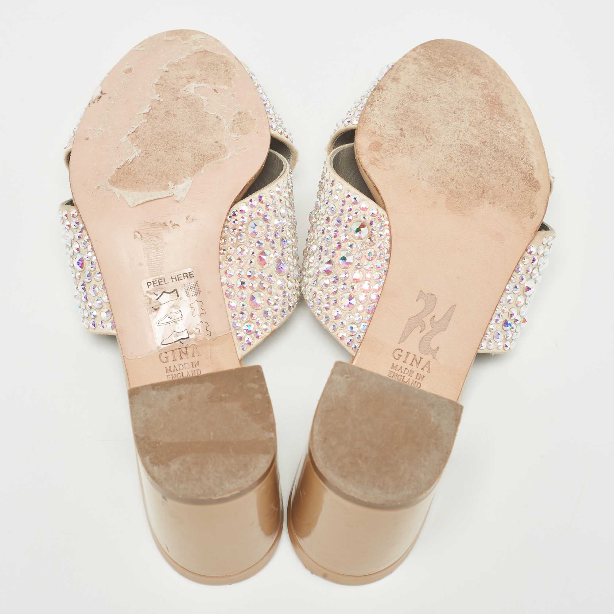 Gina Beige Crystal Embellished Satin Slide Sandals Size 39.5