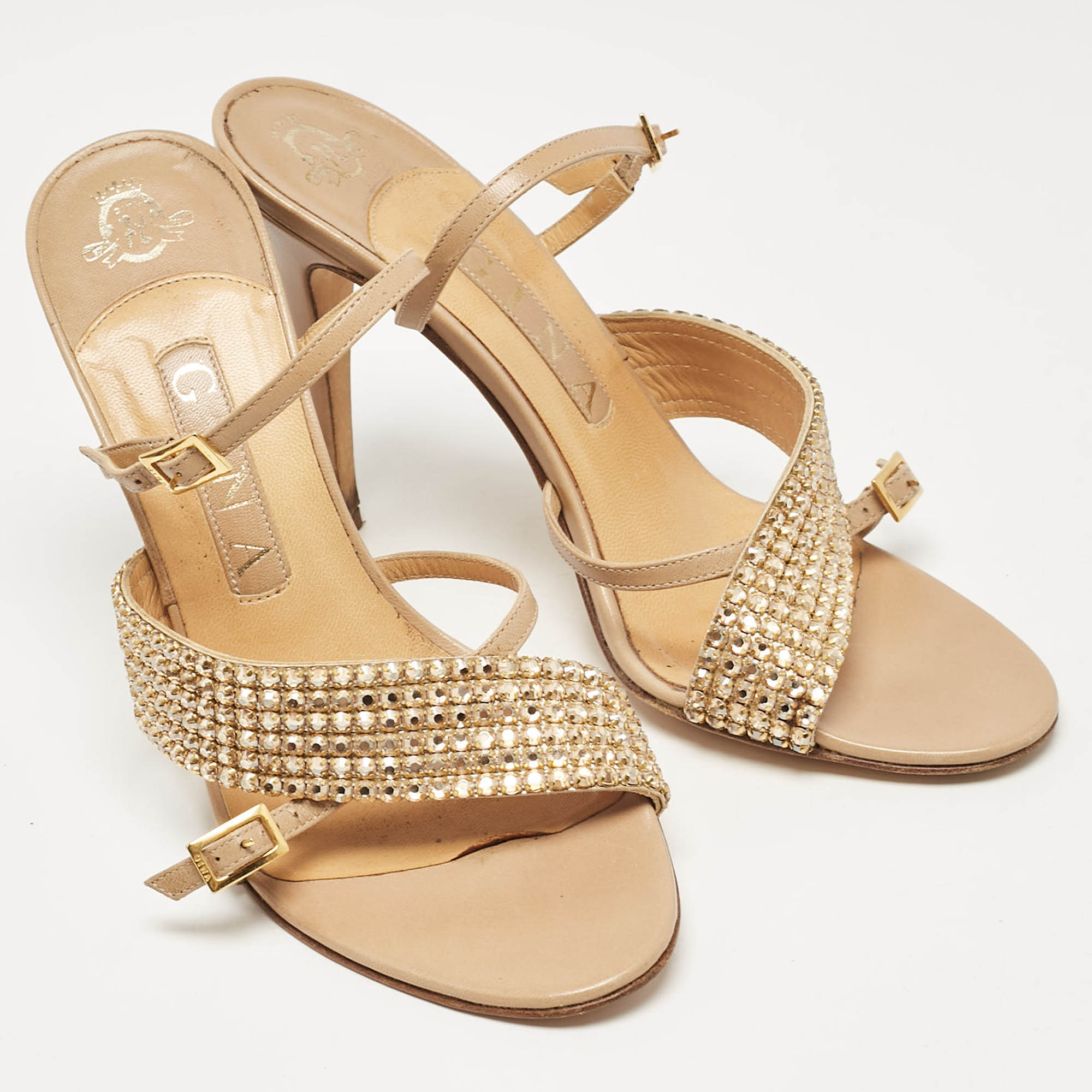 Gina Beige Leather Crystal Embellished Ankle Strap Sandals Size 38.5