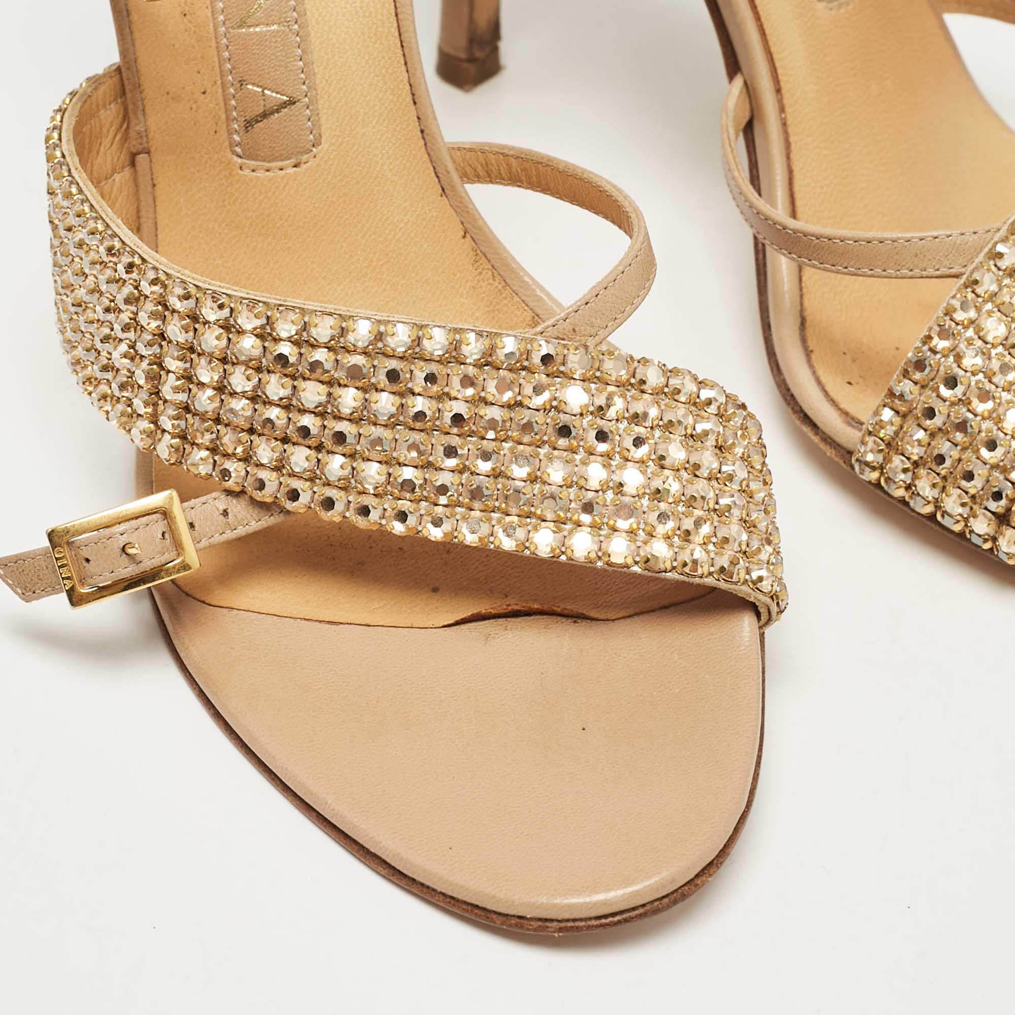 Gina Beige Leather Crystal Embellished Ankle Strap Sandals Size 38.5