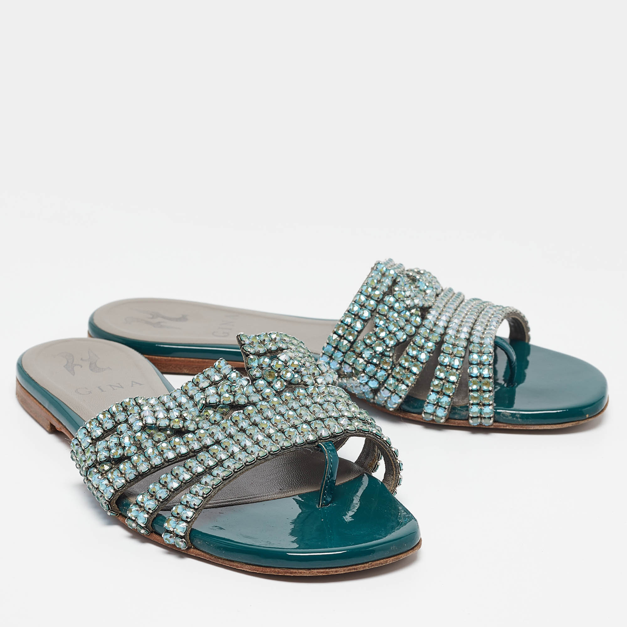 Gina Green Leather And Patent Crystal Embellished Flat Slides Size 36