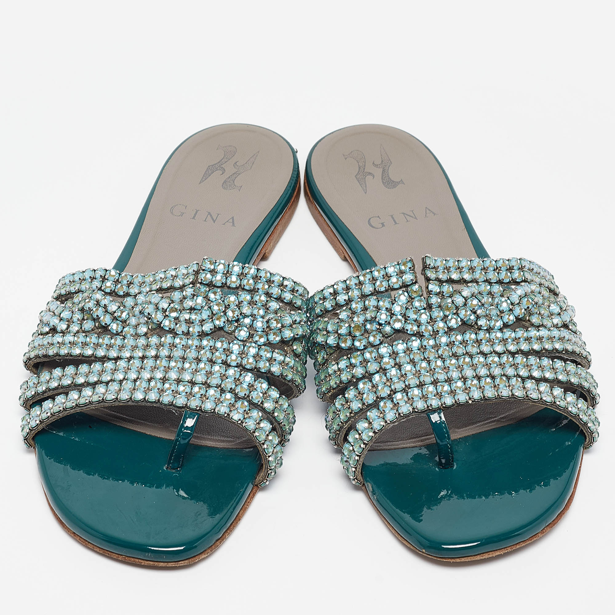 Gina Green Leather And Patent Crystal Embellished Flat Slides Size 36