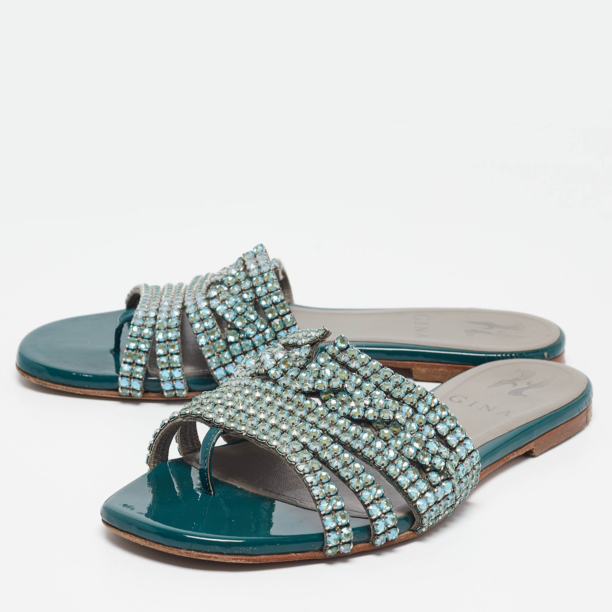 Gina Green Leather And Patent Crystal Embellished Flat Slides Size 36