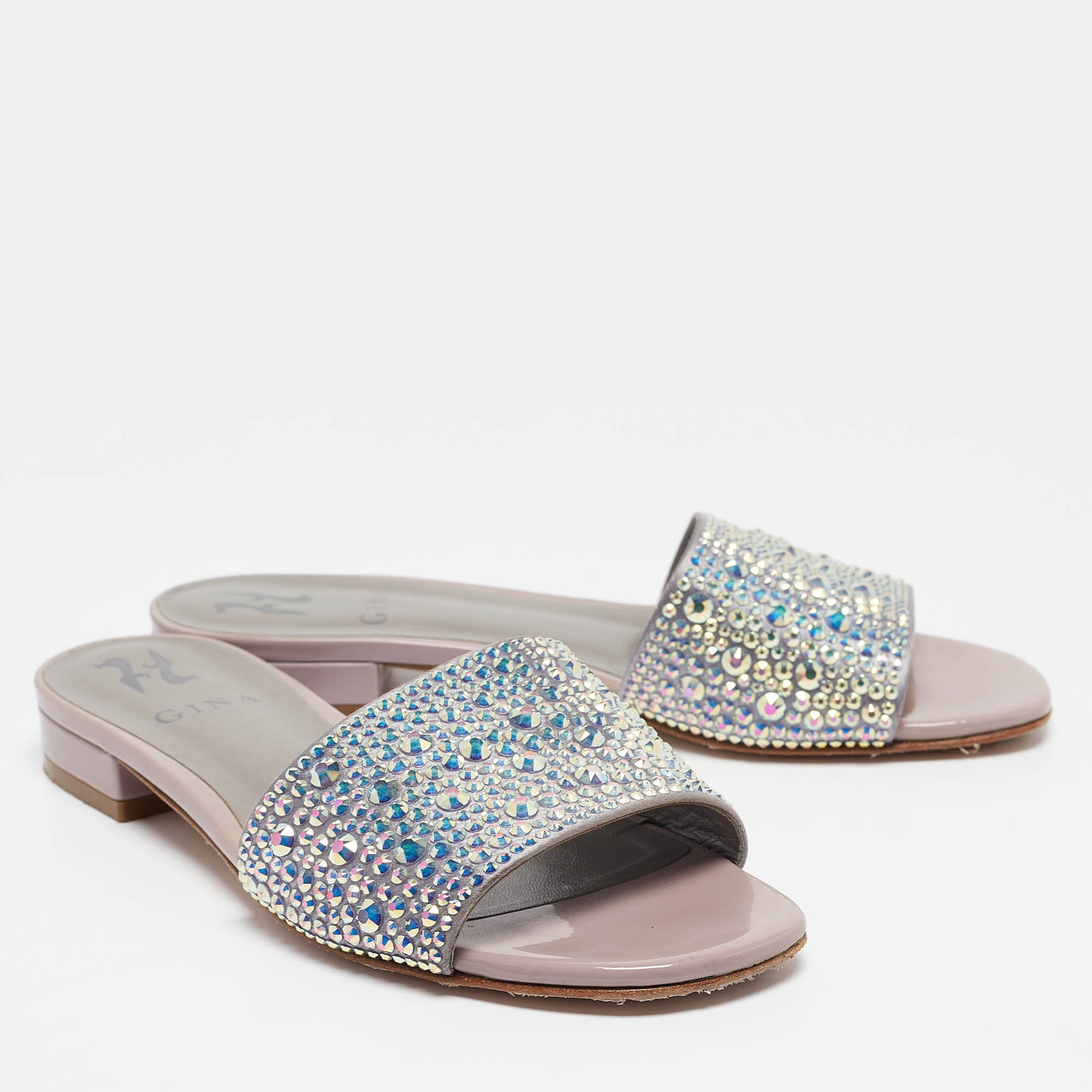 Gina Grey/Purple Leather Crystal Embellished Flat Slides Size 37.5