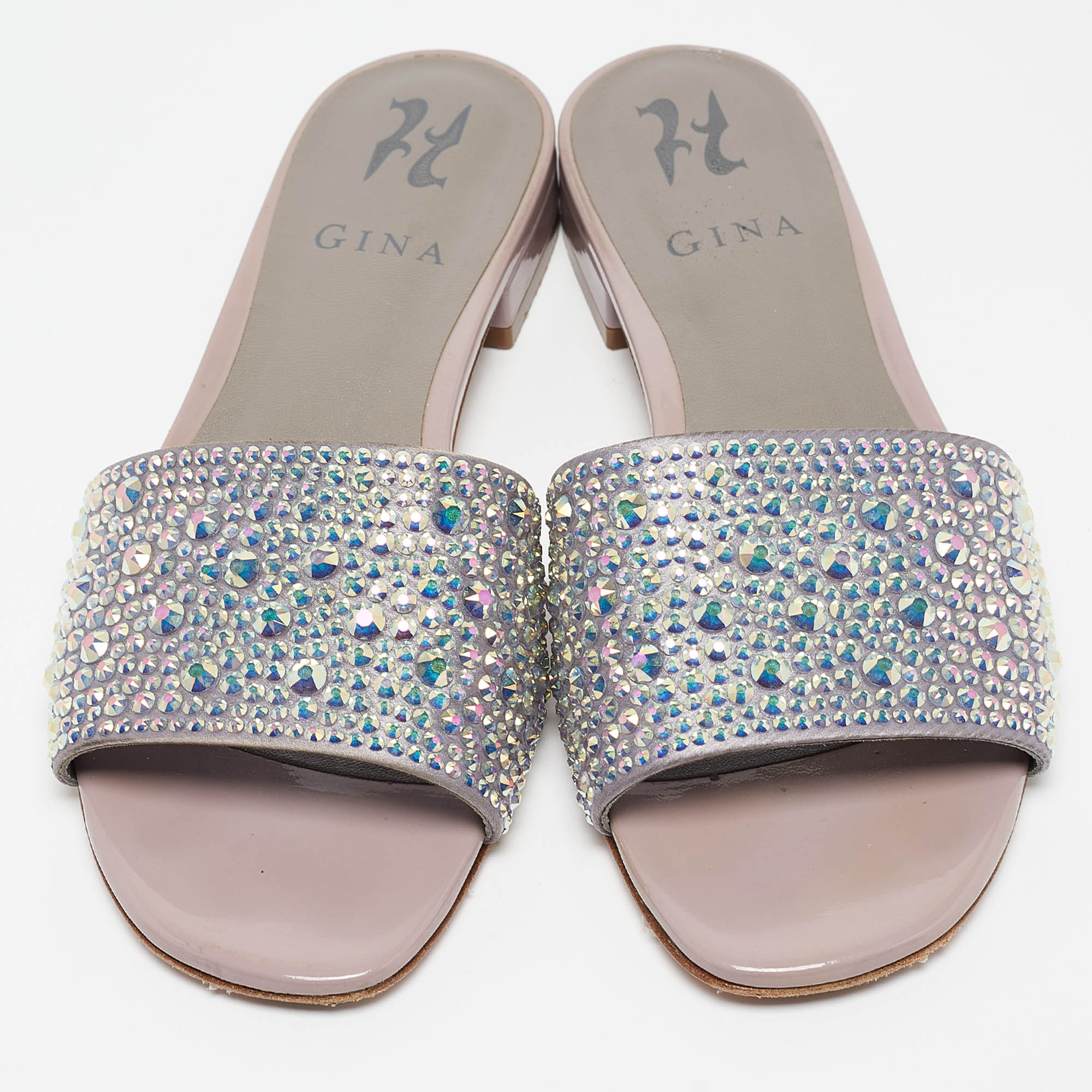 Gina Grey/Purple Leather Crystal Embellished Flat Slides Size 37.5