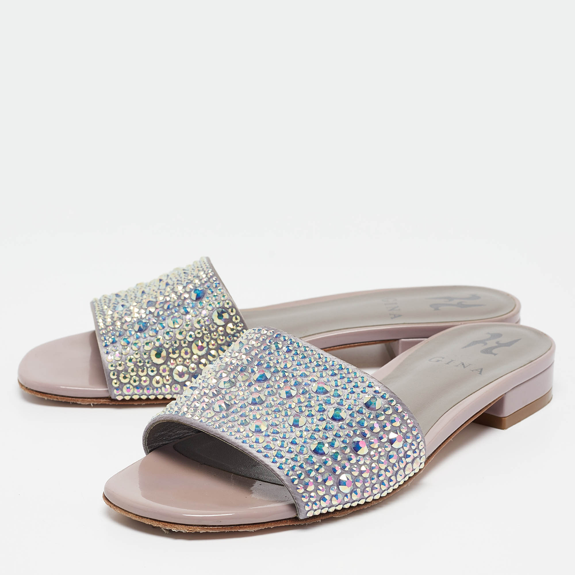 Gina Grey/Purple Leather Crystal Embellished Flat Slides Size 37.5