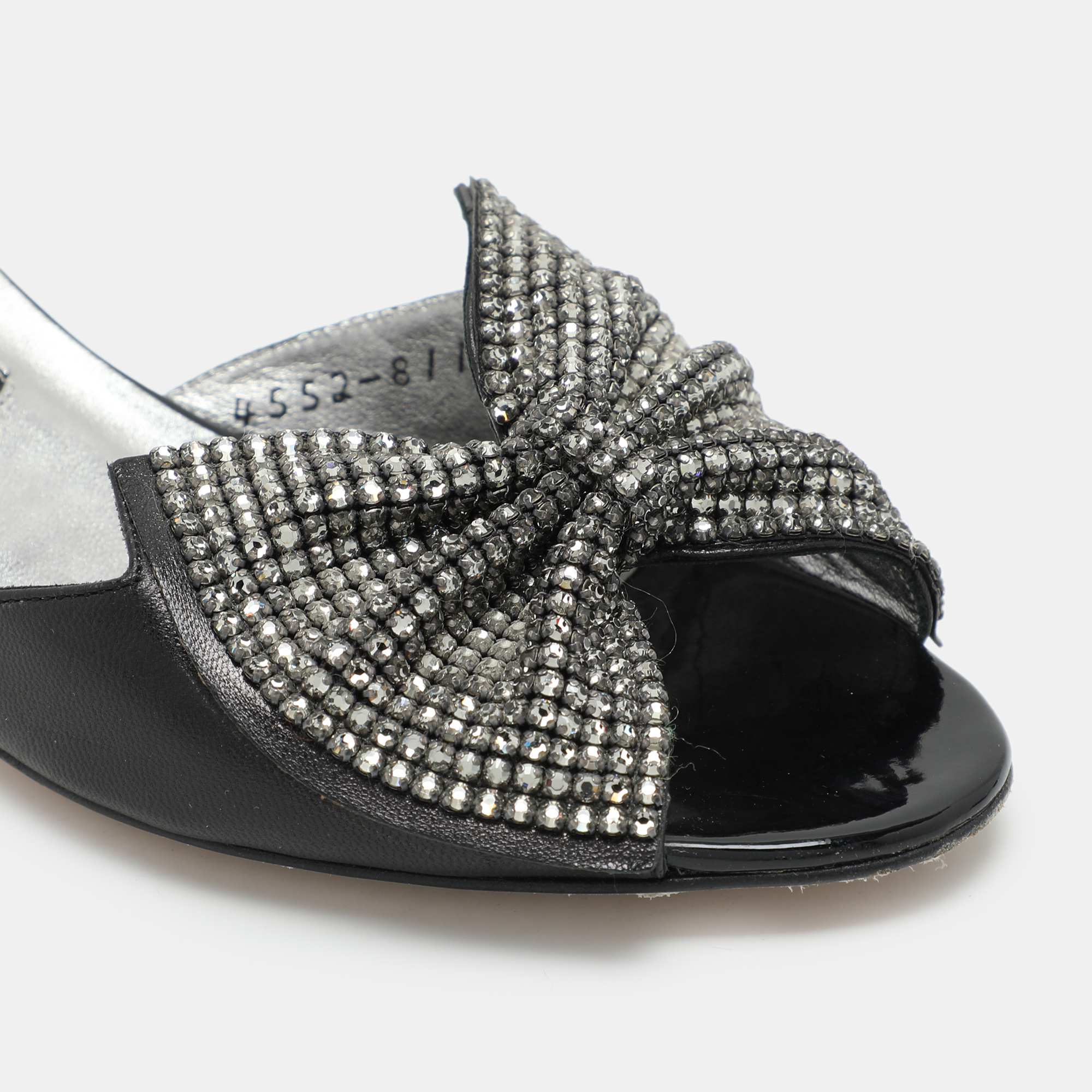 Gina Black Crystal Embellished Leather Bow Slide Sandals Size 38.5