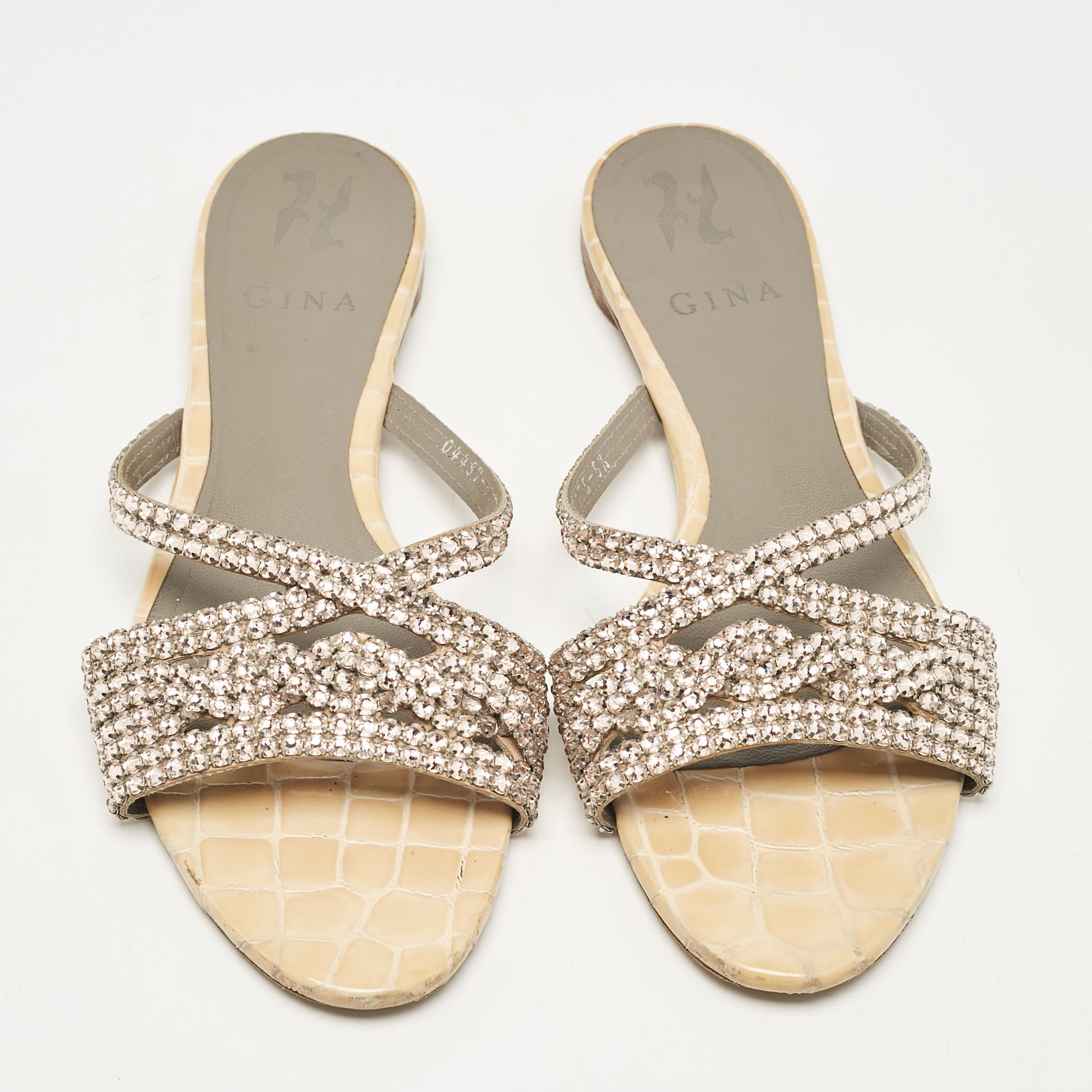 Gina Pink/Beige Crystal Embellished Leather Flat Slides Size 38.5