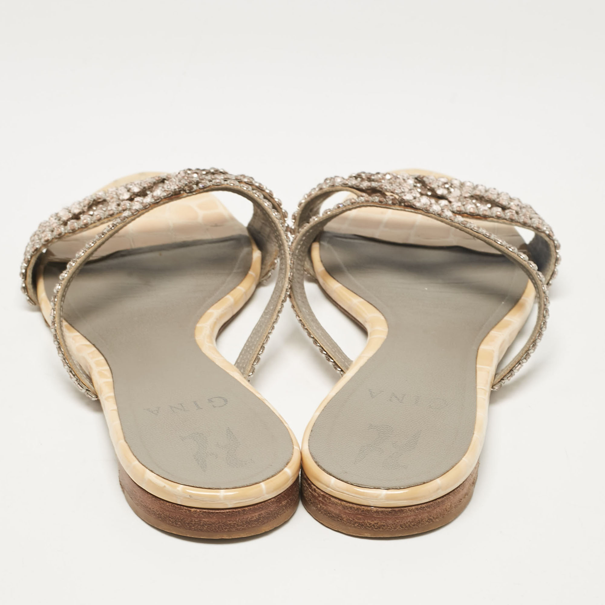 Gina Pink/Beige Crystal Embellished Leather Flat Slides Size 38.5