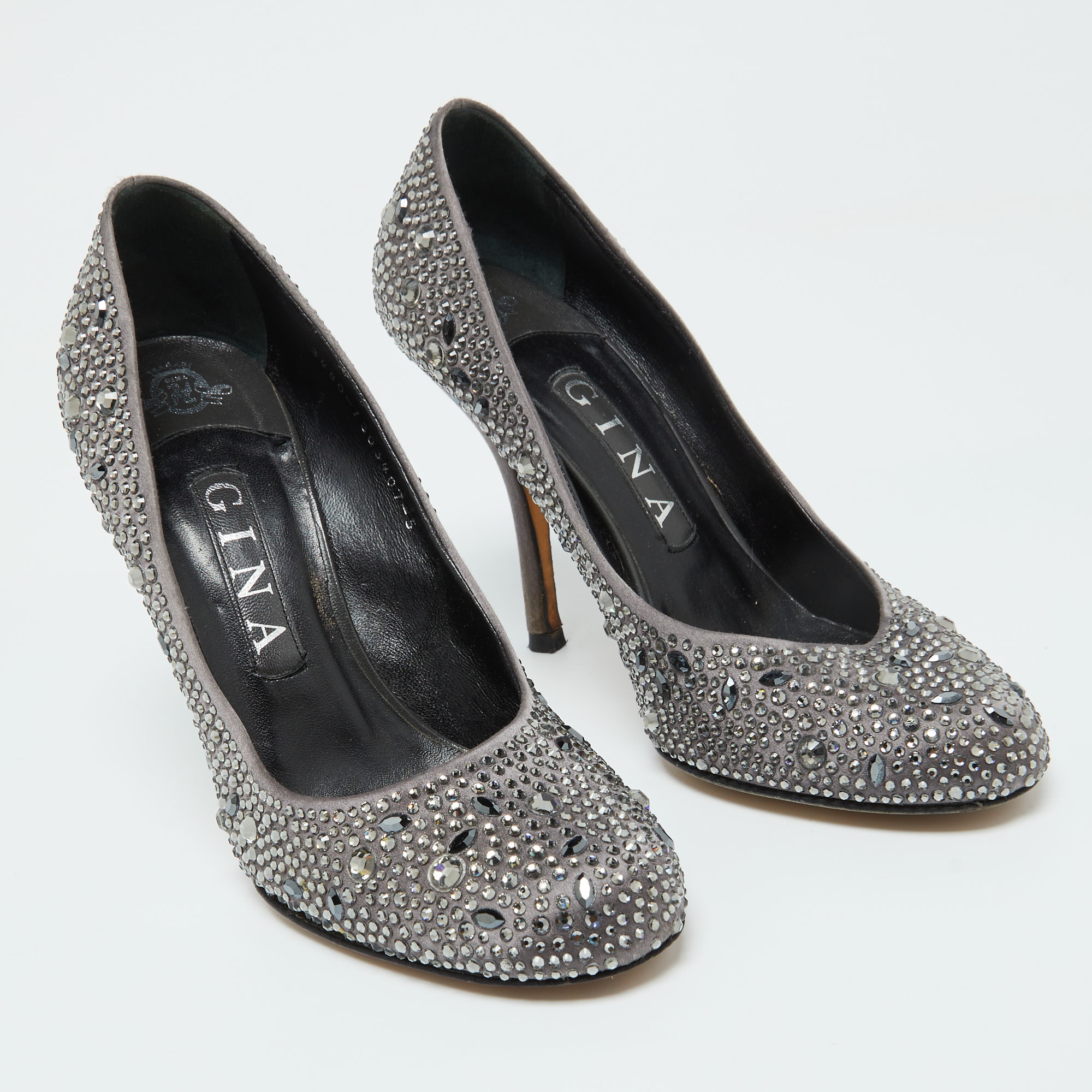 Gina Dark Grey Satin Crystal Embellished Pumps Size 38