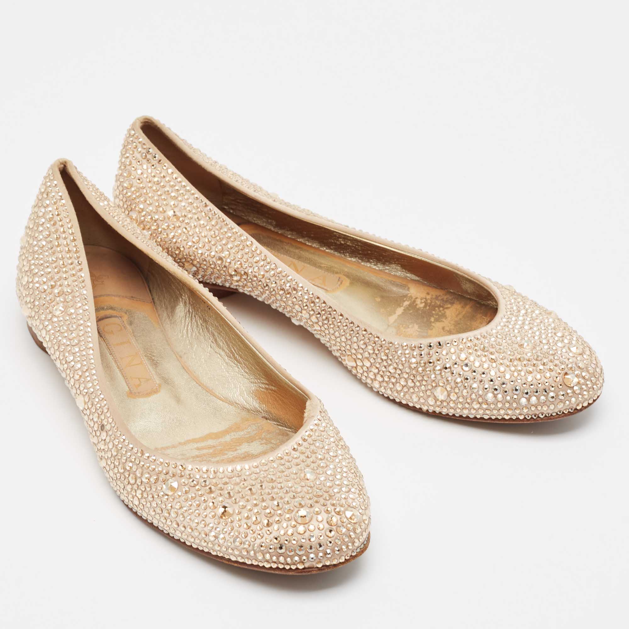 Gina Gold Satin Crystal Embellished Ballet Flats Size 39.5