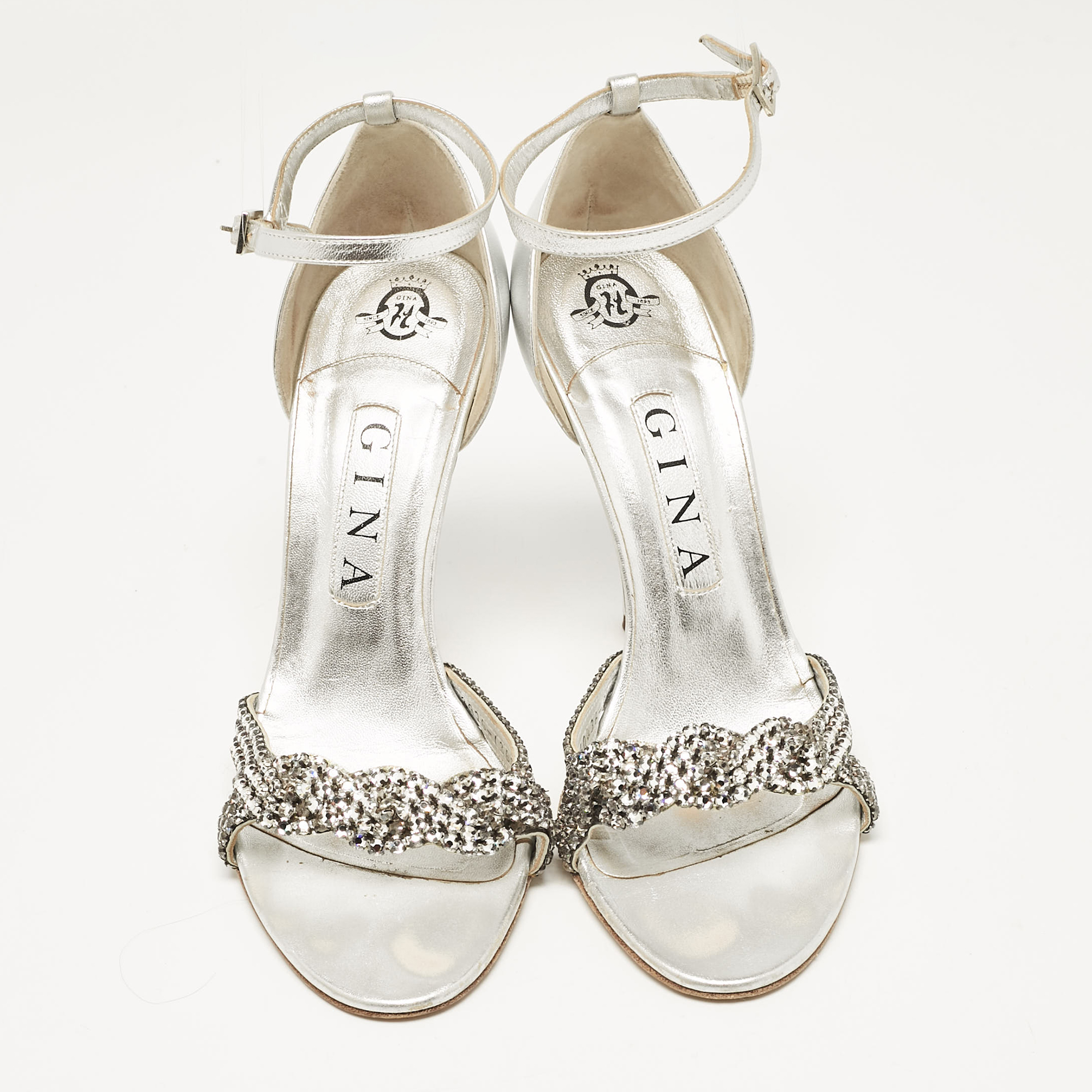 Gina Silver Leather Crystal Embellished Ankle Strap Sandals Size 38.5