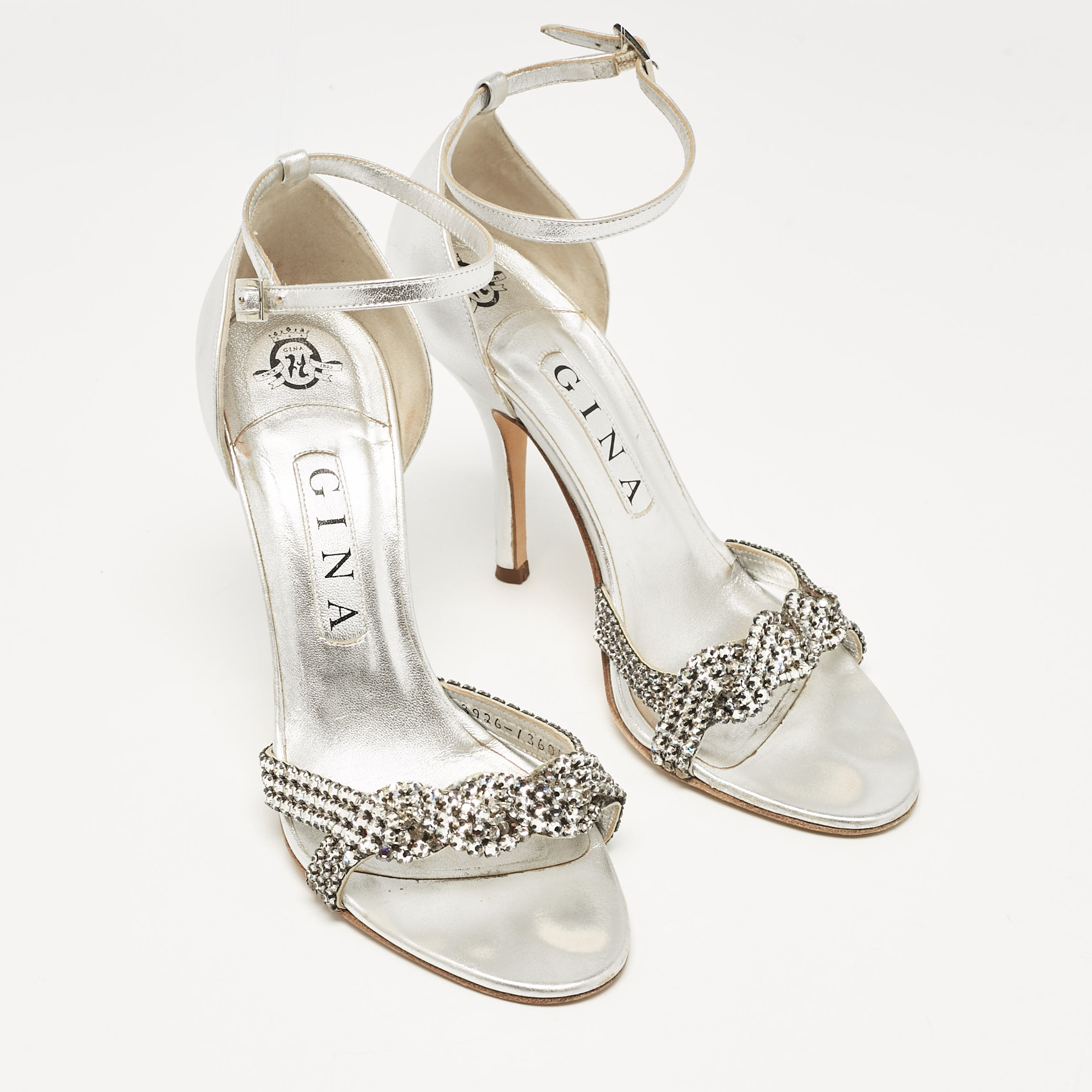 Gina Silver Leather Crystal Embellished Ankle Strap Sandals Size 38.5