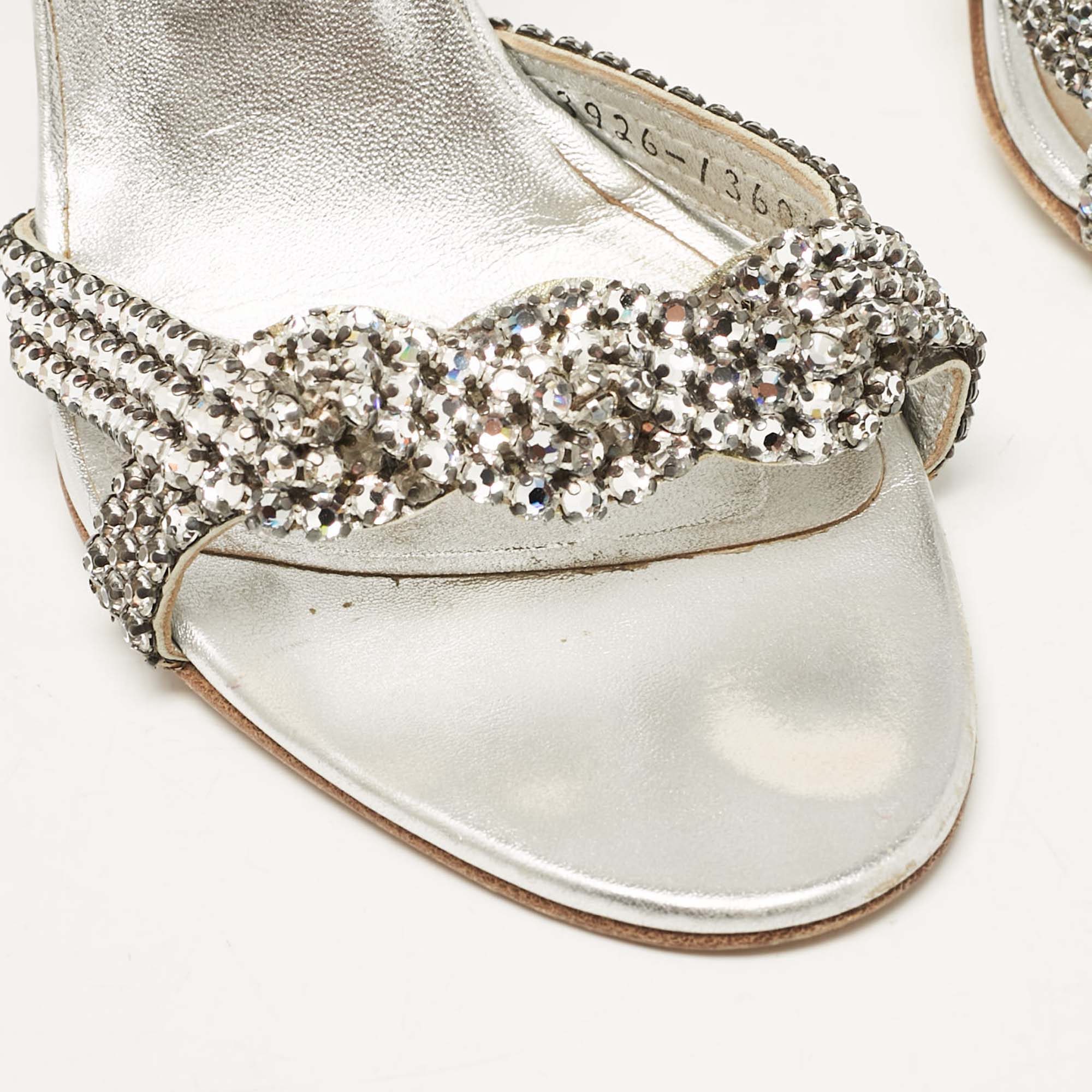 Gina Silver Leather Crystal Embellished Ankle Strap Sandals Size 38.5