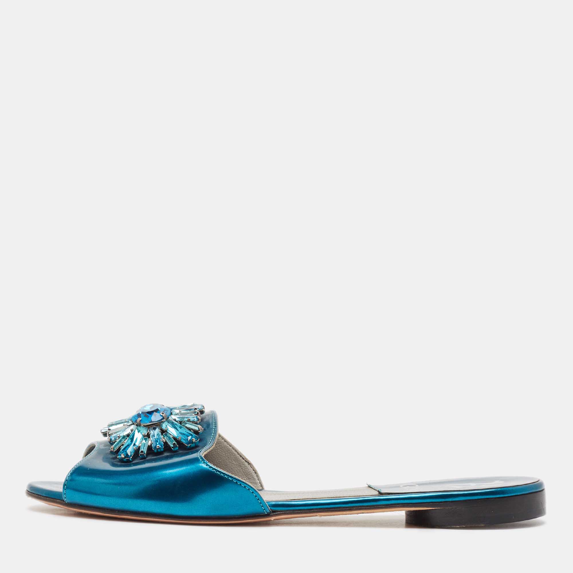 Gina Blue Leather Crystal Embellished Flat Sandals Size 37