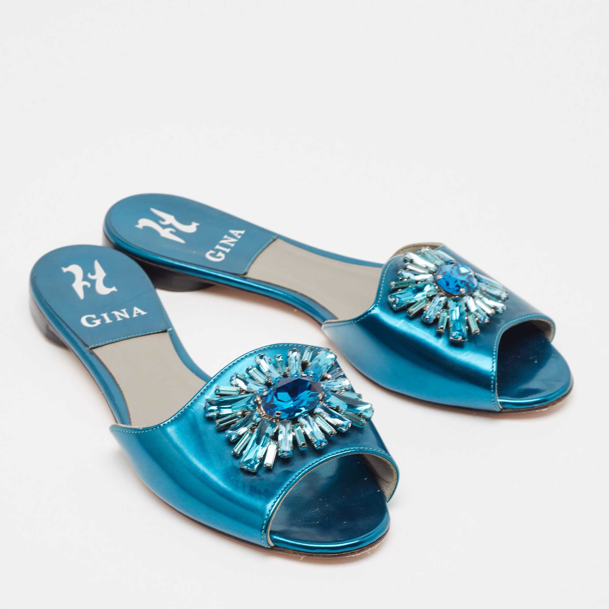 Gina Blue Leather Crystal Embellished Flat Sandals Size 37