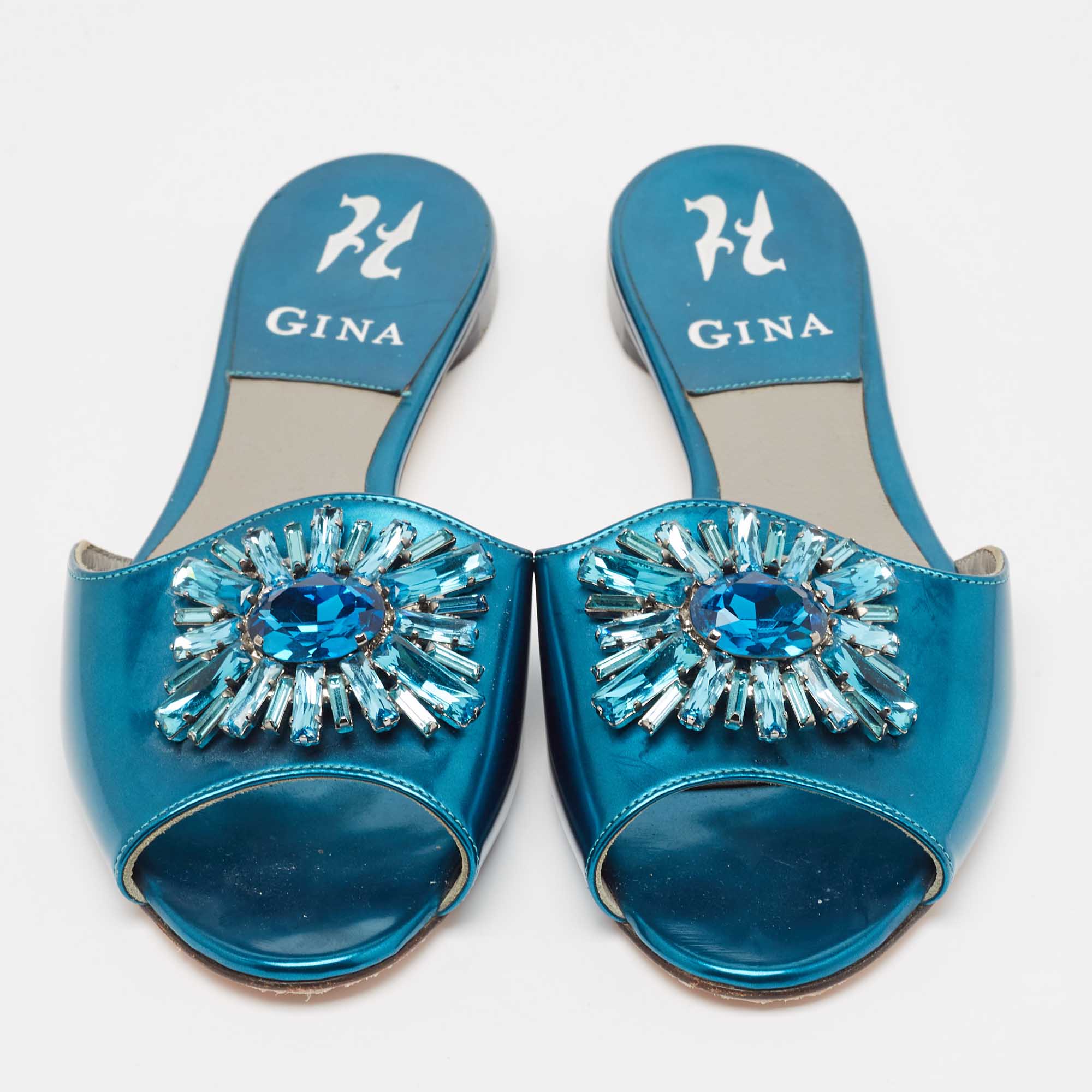 Gina Blue Leather Crystal Embellished Flat Sandals Size 37