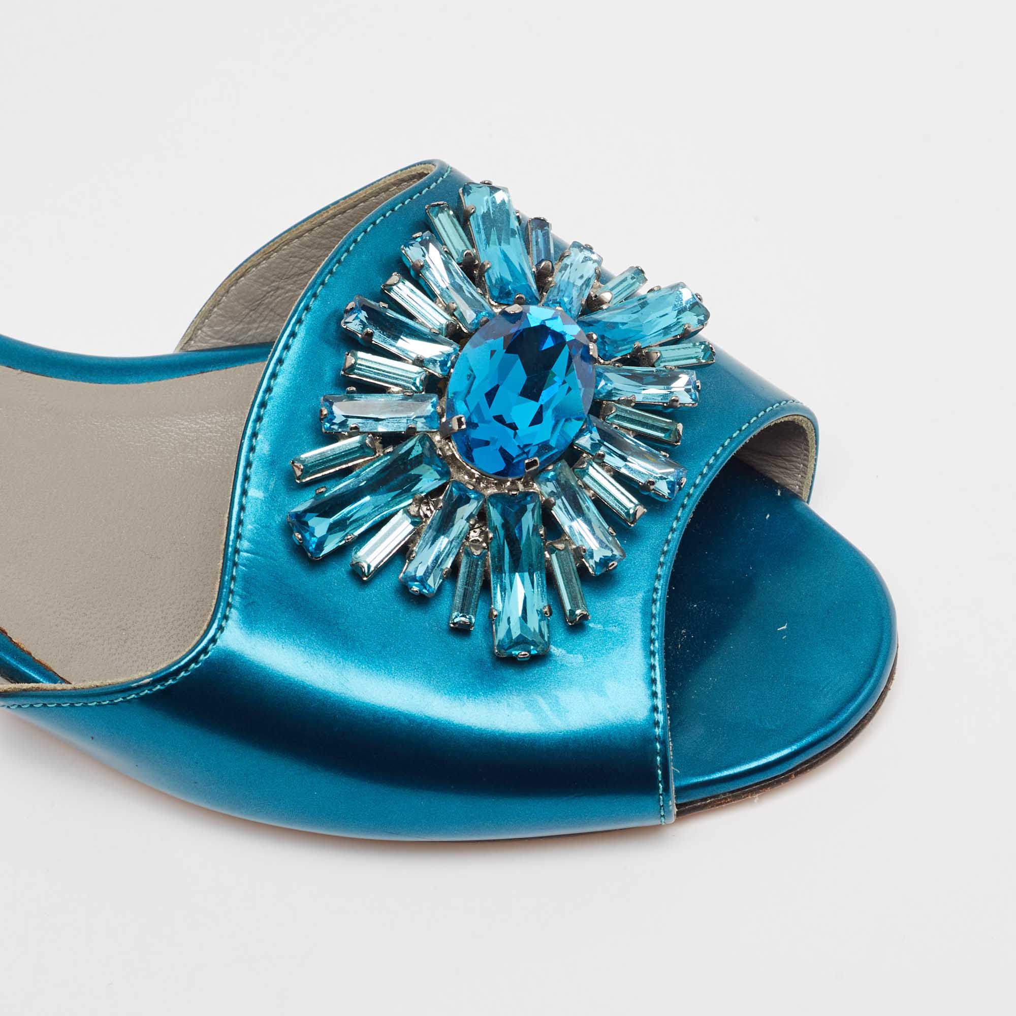 Gina Blue Leather Crystal Embellished Flat Sandals Size 37