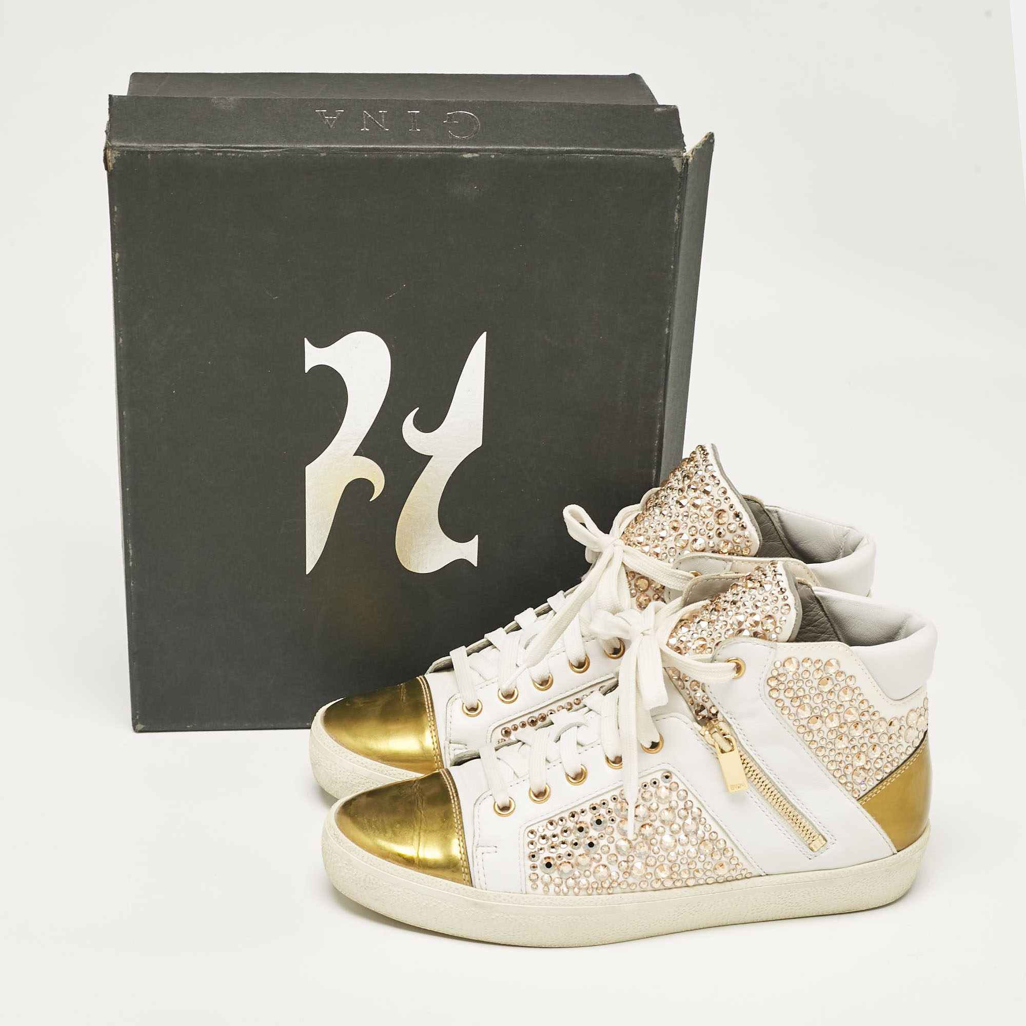 Gina White/Gold Leather Crystal Embellished High Top Sneakers Size 39