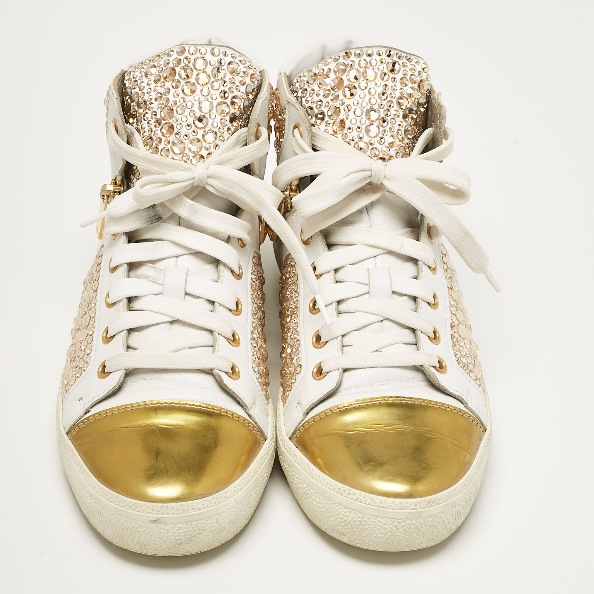 Gina White/Gold Leather Crystal Embellished High Top Sneakers Size 39